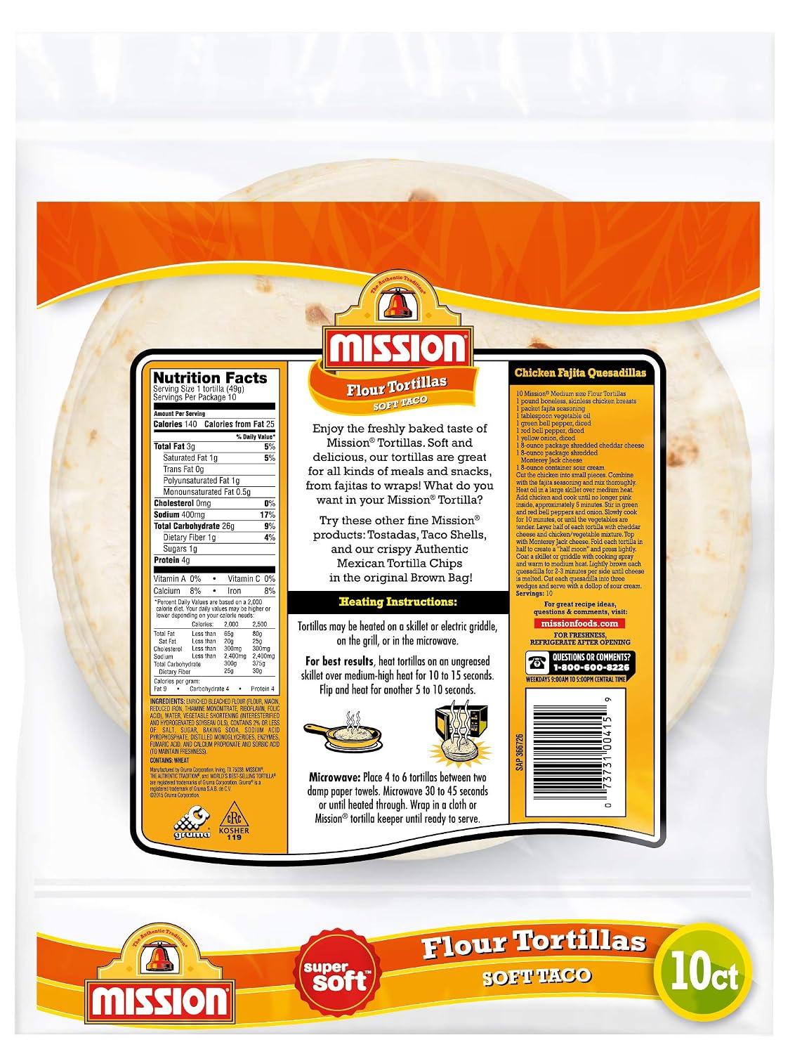 Mission Soft Taco Flour Tortillas, Trans Fat Free, Authentic, Medium Size, 10 Count
