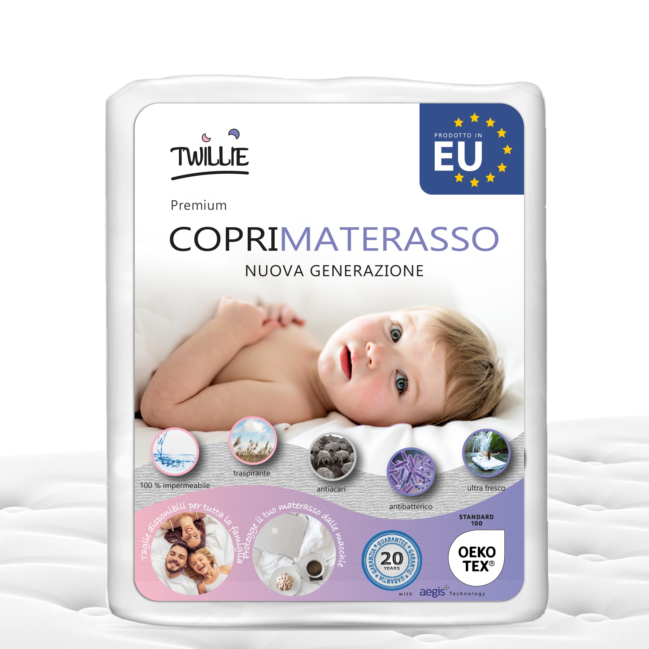 Twillie - Coprimaterasso 80 x 160 Impermeabile - Made in Europa - Oeko-Tex® - Aegis® - Traspirante - Proteggi Materasso Anallergico, Antiacari, Antibatterico, Antimuffa - Igienico 100% Policotone