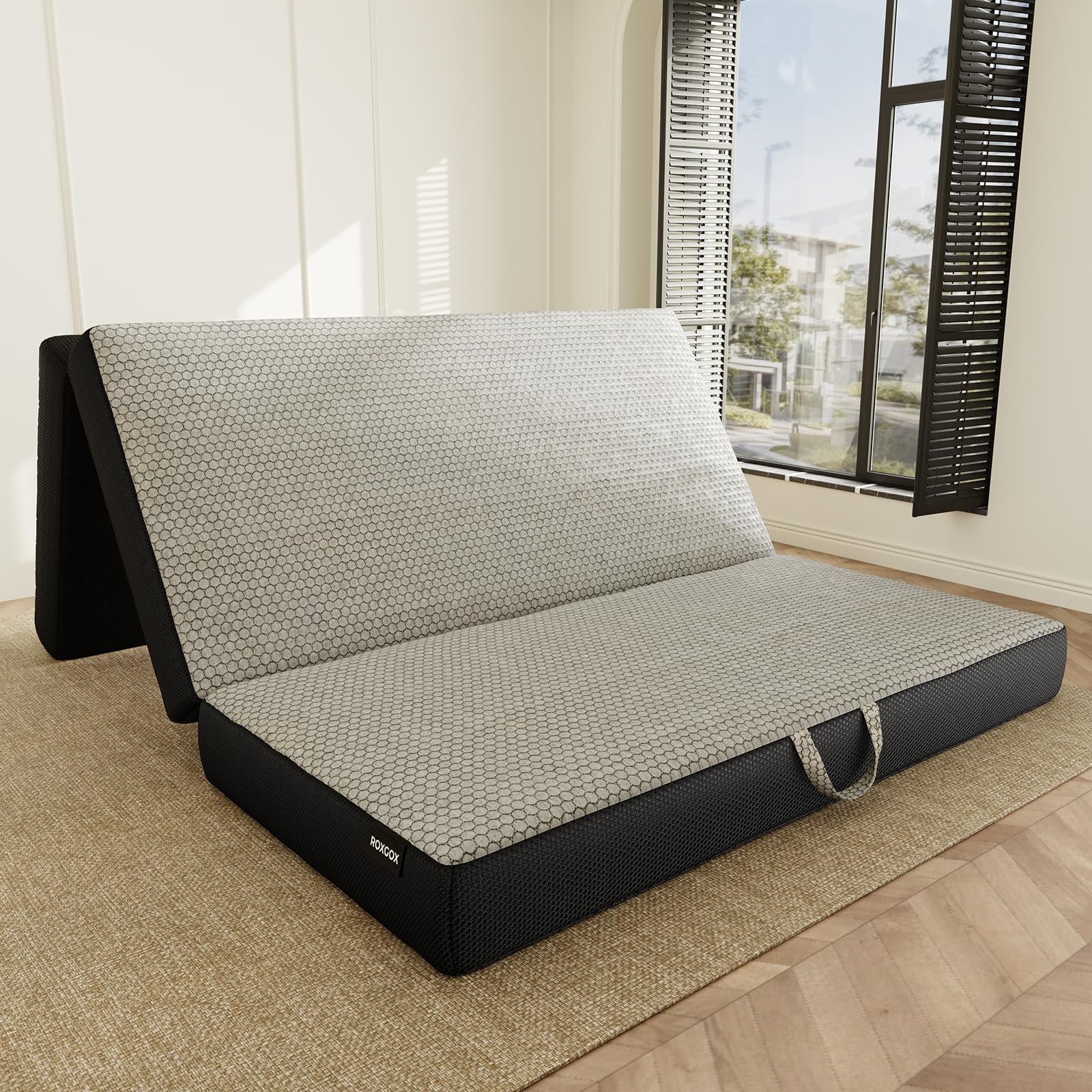 Photo 1 of ROXGOX Memory Foam Trifold Mattress, 6 Inch King Foldable Mattress, Portable Floor Bed with Washable Cover, Handle & Non-Slip Bottom, for RV, Travel, Camping, Yoga, 80"x76"x6"