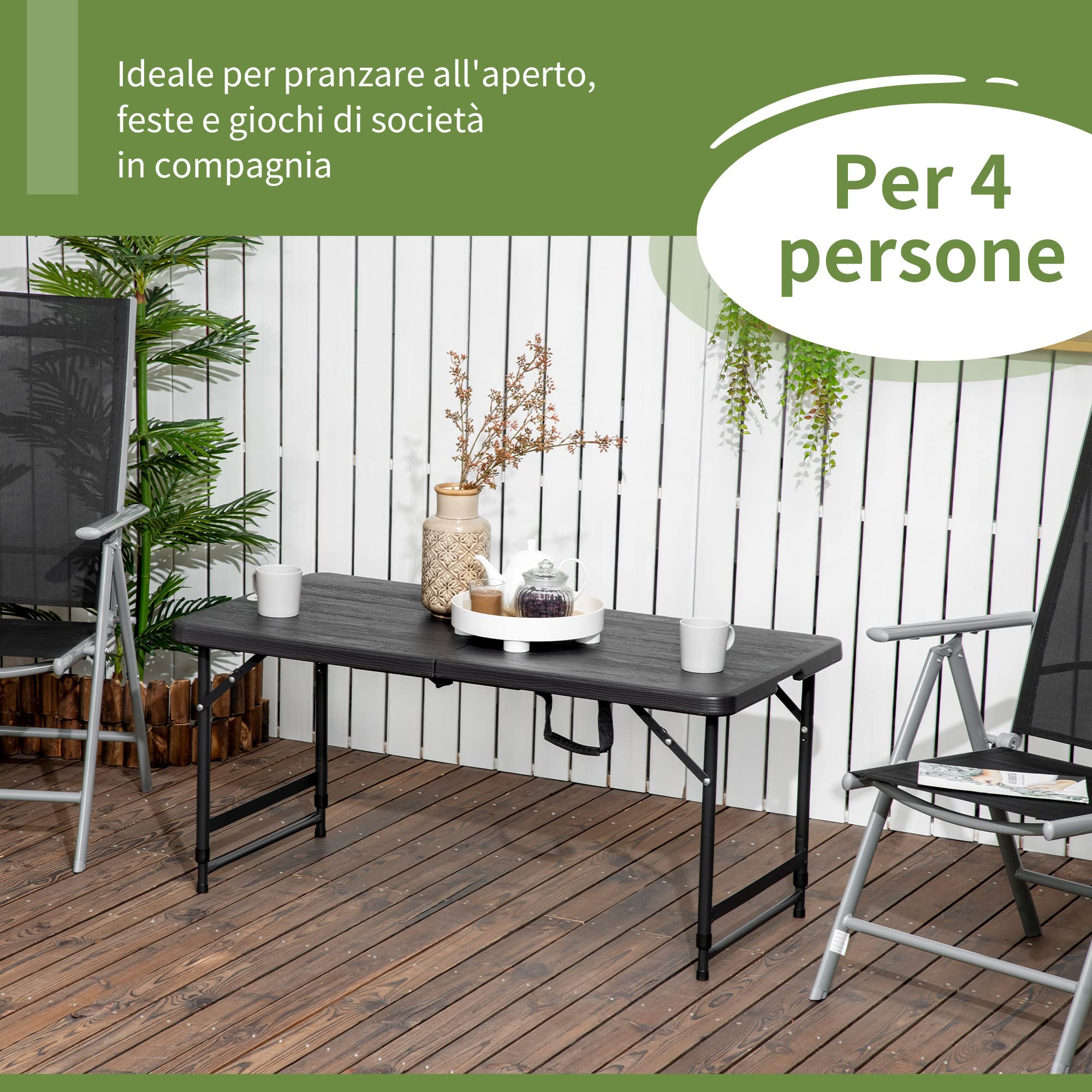 Outsunny Tavolo da Giardino Pieghevole per 4 Persone con Altezza Regolabile, in Acciaio e HDPE, 118x60x74 cm