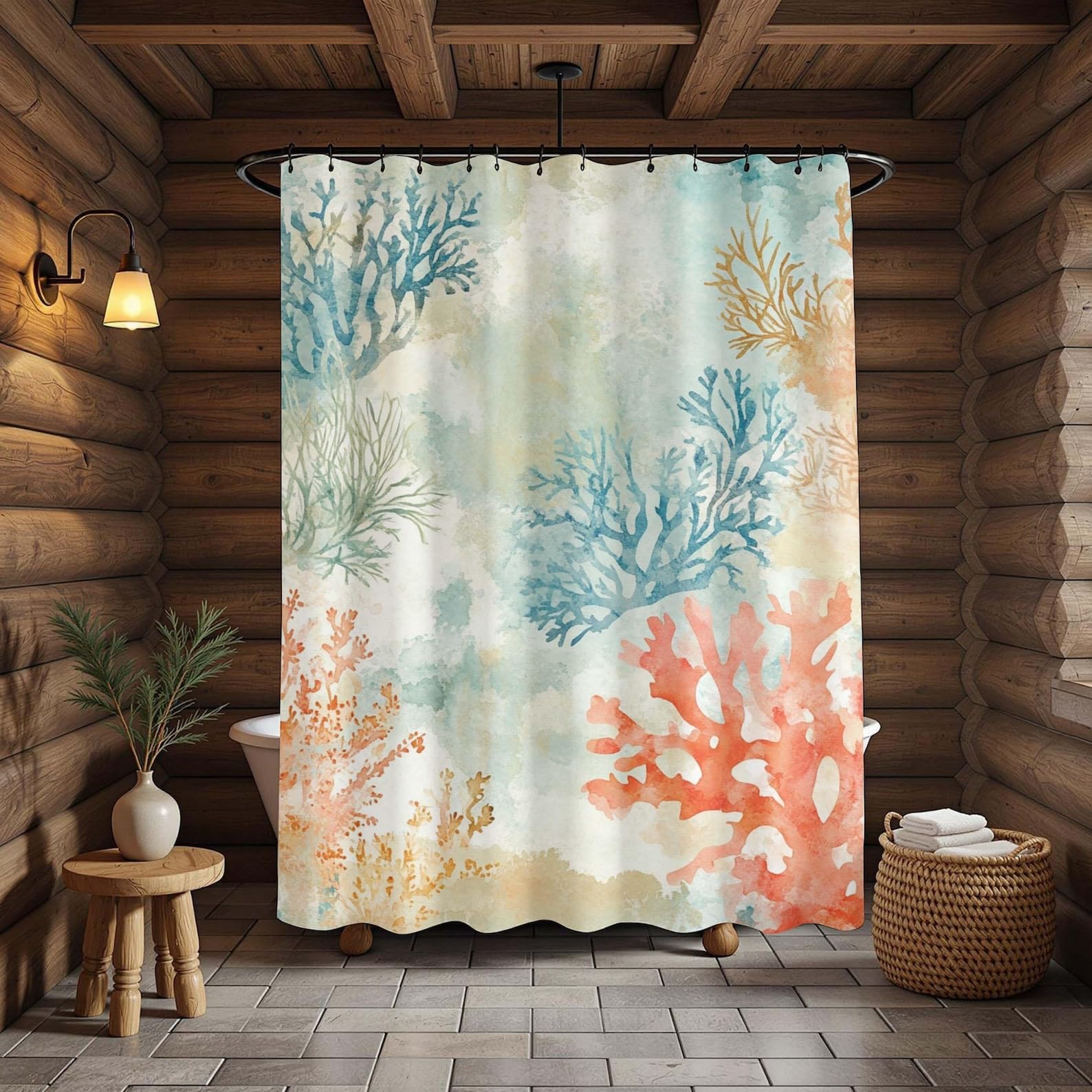 Cortina de Ducha de Coral Acuarela, decoración de baño con Algas Marinas, Estampados Abstractos en Tela de poliéster (260x200cm/102x79in(WxH)/)