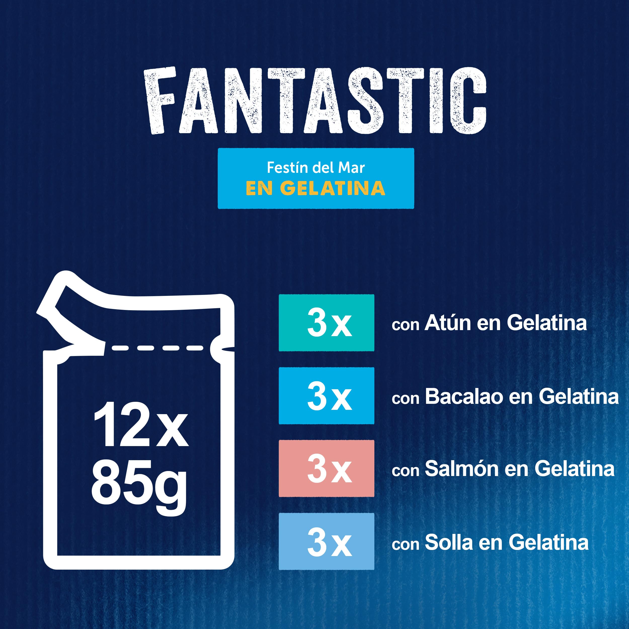 FELIX Fantastic, Comida Húmeda para Gato Adulto, Gelatina, Surtido de Atún, Salmón, Bacalao y Solla, 6 Packs de 12 Sobres de 85 g. (72 Sobres)