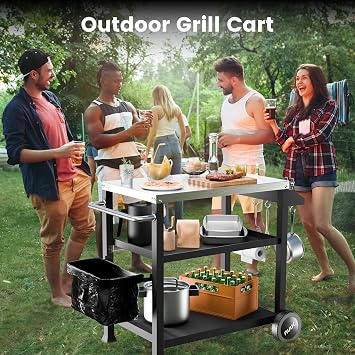NUUK 3-Shelf Grill Cart for Outdoor with Stainless Steel Top 20 x 32 Movable Pizza Oven Stand with Wheels Kitchen Prep Table BBQ Cart Worktable