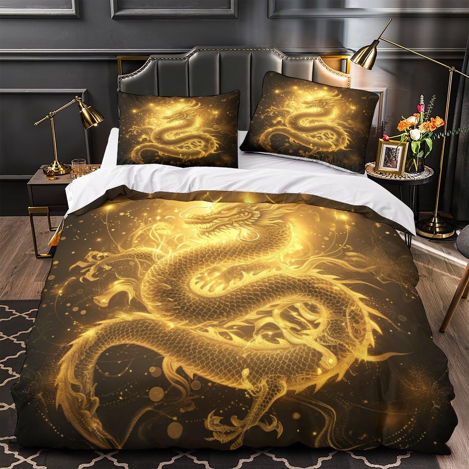 Stampato in 3D Loong cinese Copertina Stampata Microfibra Disegnata Set Di Biancheria Da Letto Con Chiusura A Cerniera Con 2 Federe,Double（200x200cm）, Per Ragazzi Adulti