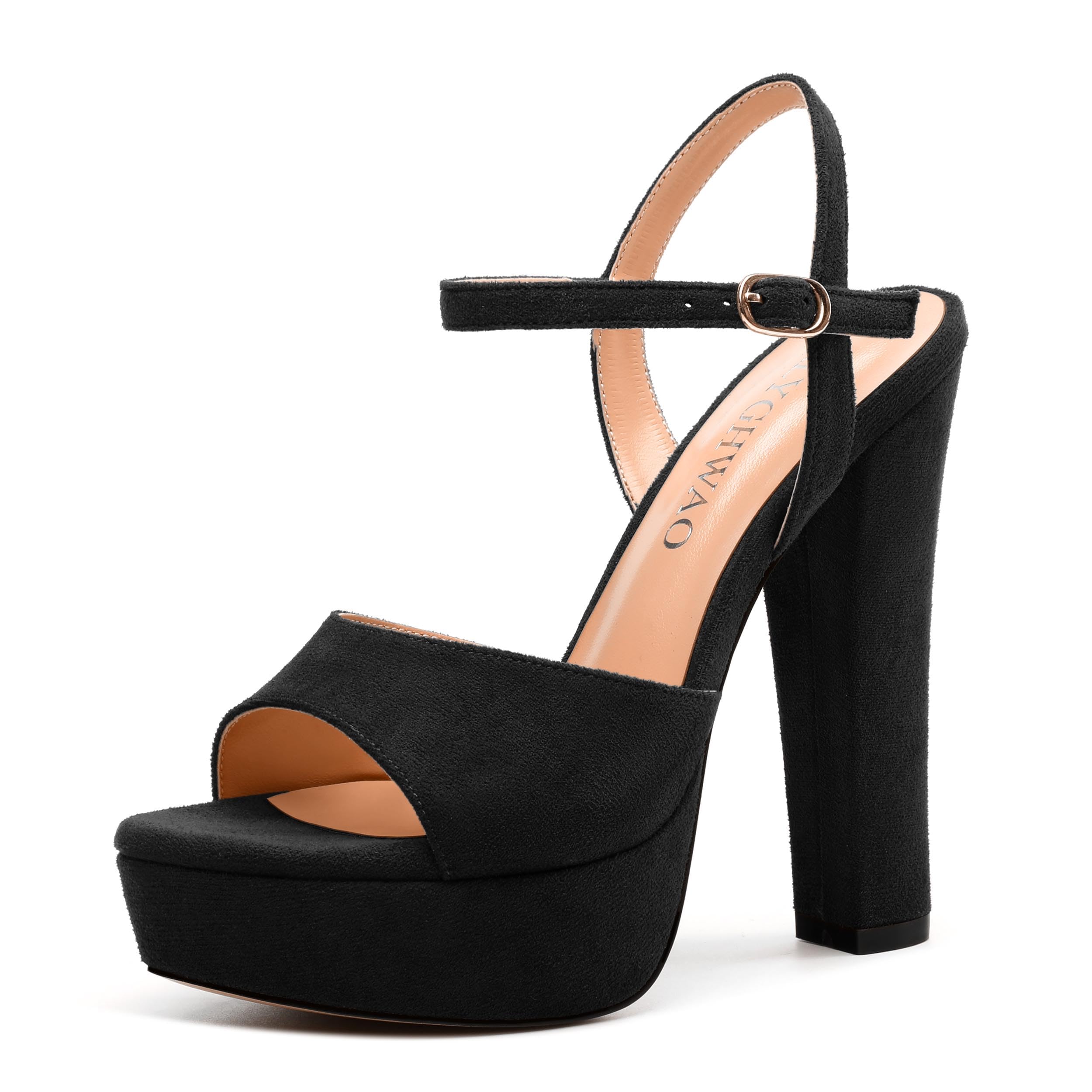 RLYGHWAO Women's Heeled Sandals, Buckle Ankle Strap Platform High Heels, Round Open Toe Fashion Suede Wedding Working Partying Shoes for Women