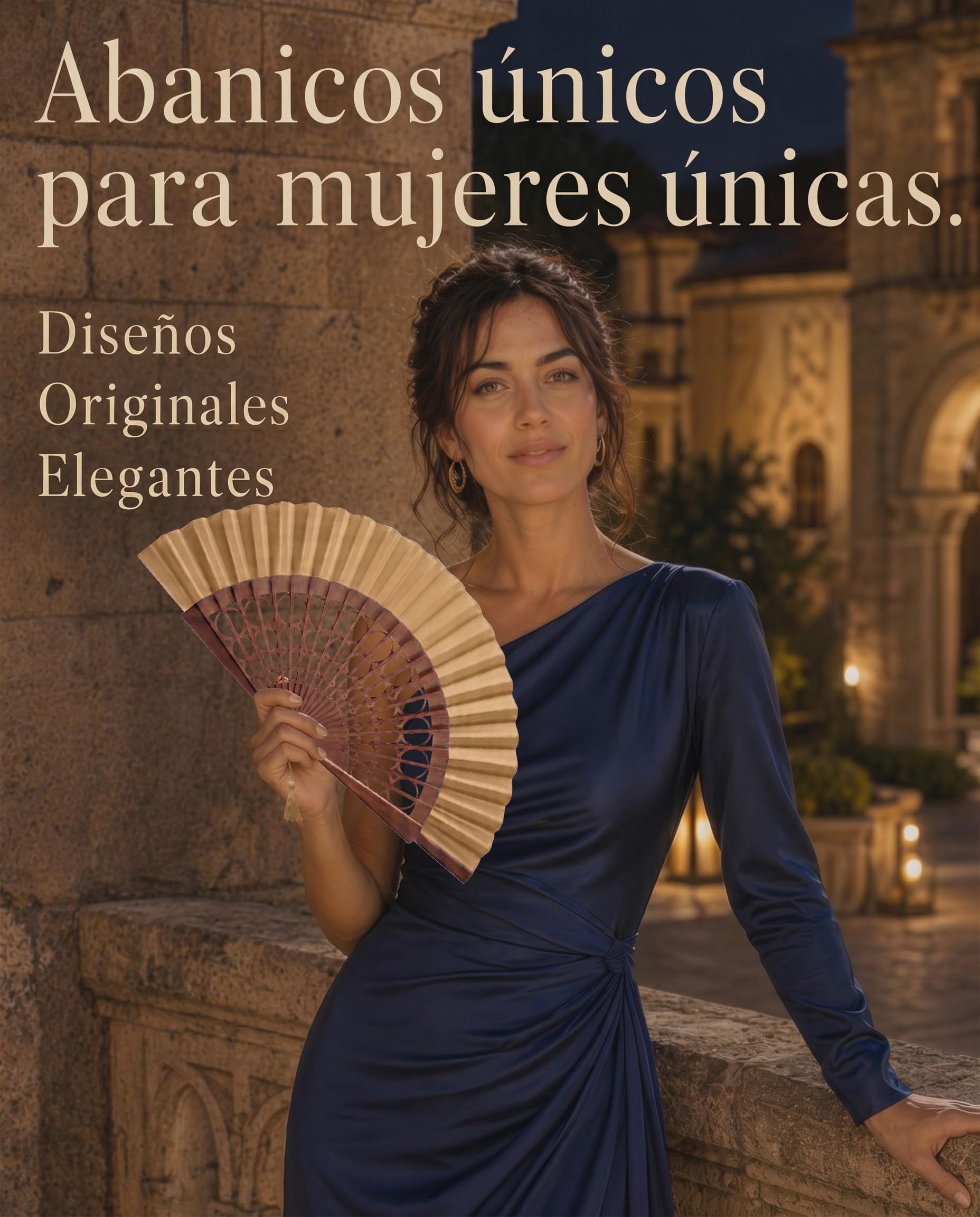 Abanico Español Artesanal 100% Algodón y Madera de Sipo Grande para Mujer Camel Esfera