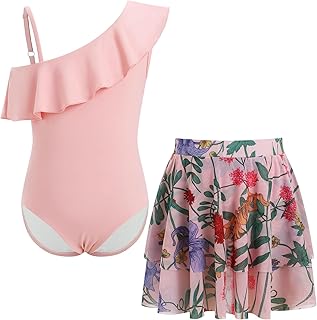 Traje de baño para niñas: traje de baño para niños, traje de baño con falda, volantes de un hombro, traje de baño para playa, piscina, surf, juego de 2 piezas