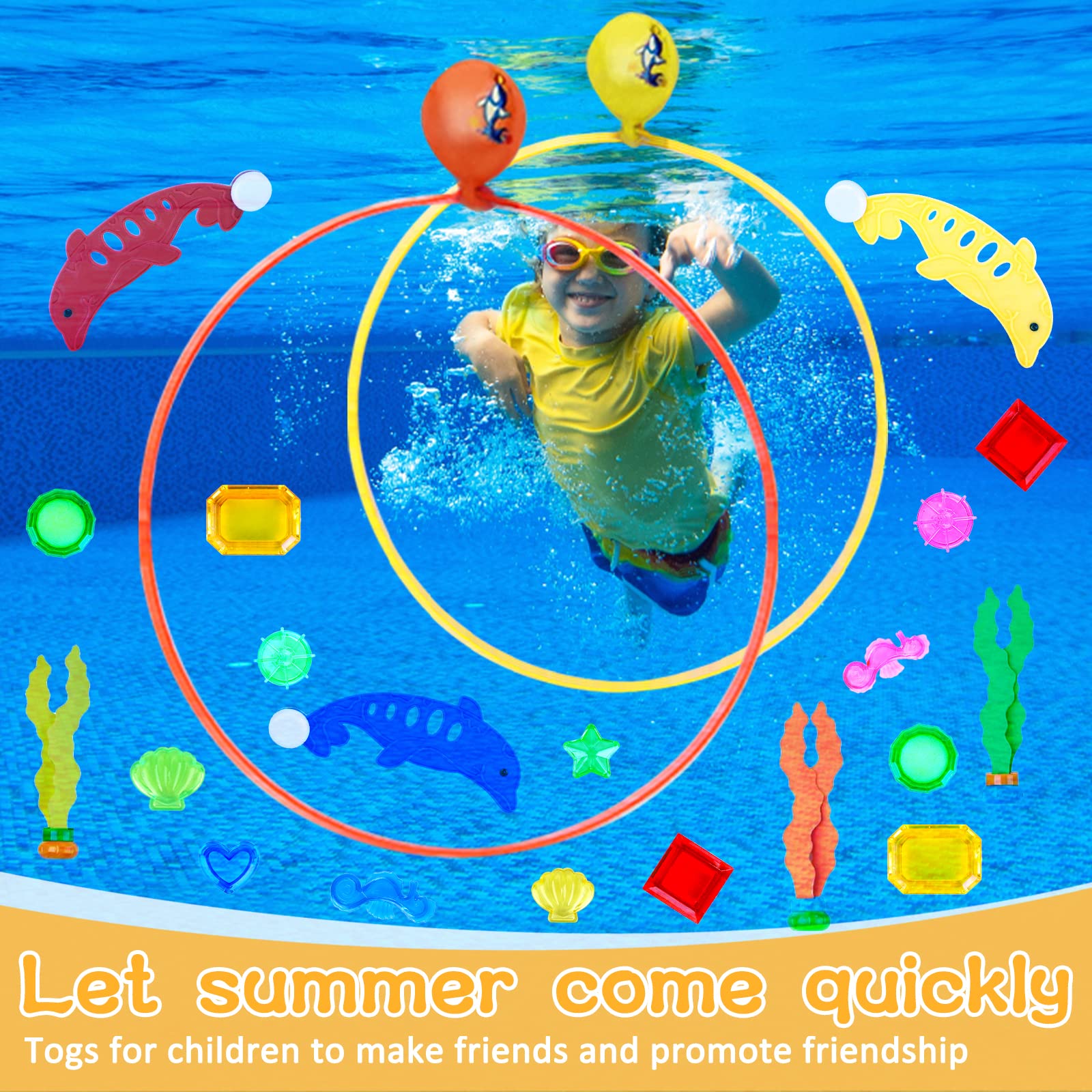 27pcs Jouets de Plongée,Jeux Piscine Enfant,Jouet sous Eau Été Jeux inclure 3 Anneaux de Plongée,Dauphin,Sac de Rangement,Algues,Jeu Piscine Cadeaux Garçon Fille 5-12 Ans Jeux sous Marins