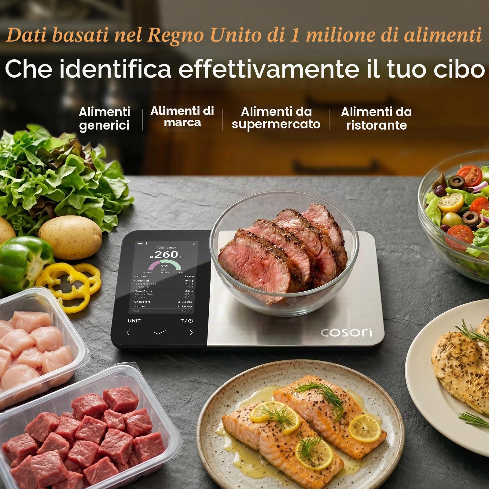 Cosori Bilancia intelligente per alimenti, app gratuita con ampio database alimentare del Regno Unito, bilancia conteggio calorie premium, display a colori trasparente, scansione AI, traccia 19