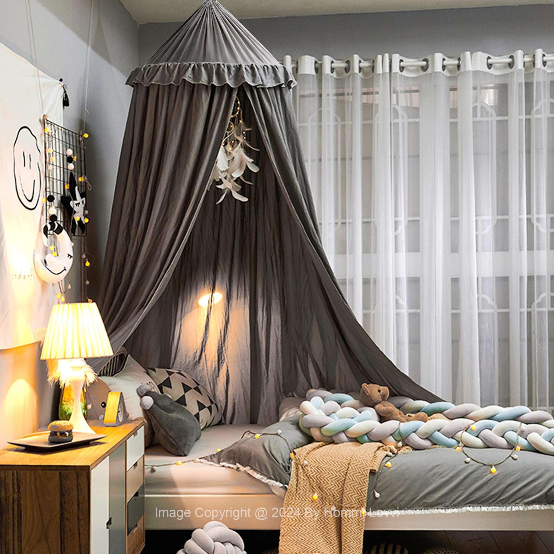 Hommi Lovvi Bed Canopy for Girls, Dreamy Frills Ceiling Hanging Princess Canopy Bedroom Decoration Soft Canopy Net Reading Nook, Extra Large Full Queen Size Bed Canopies - Grey