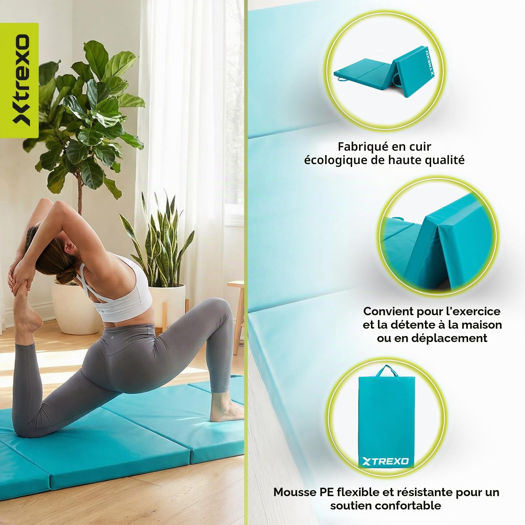 TREXO Tapis de gymnastique pliable - Tapis d'entraînement portable avec poignée, mousse EPE et revêtement en cuir synthétique