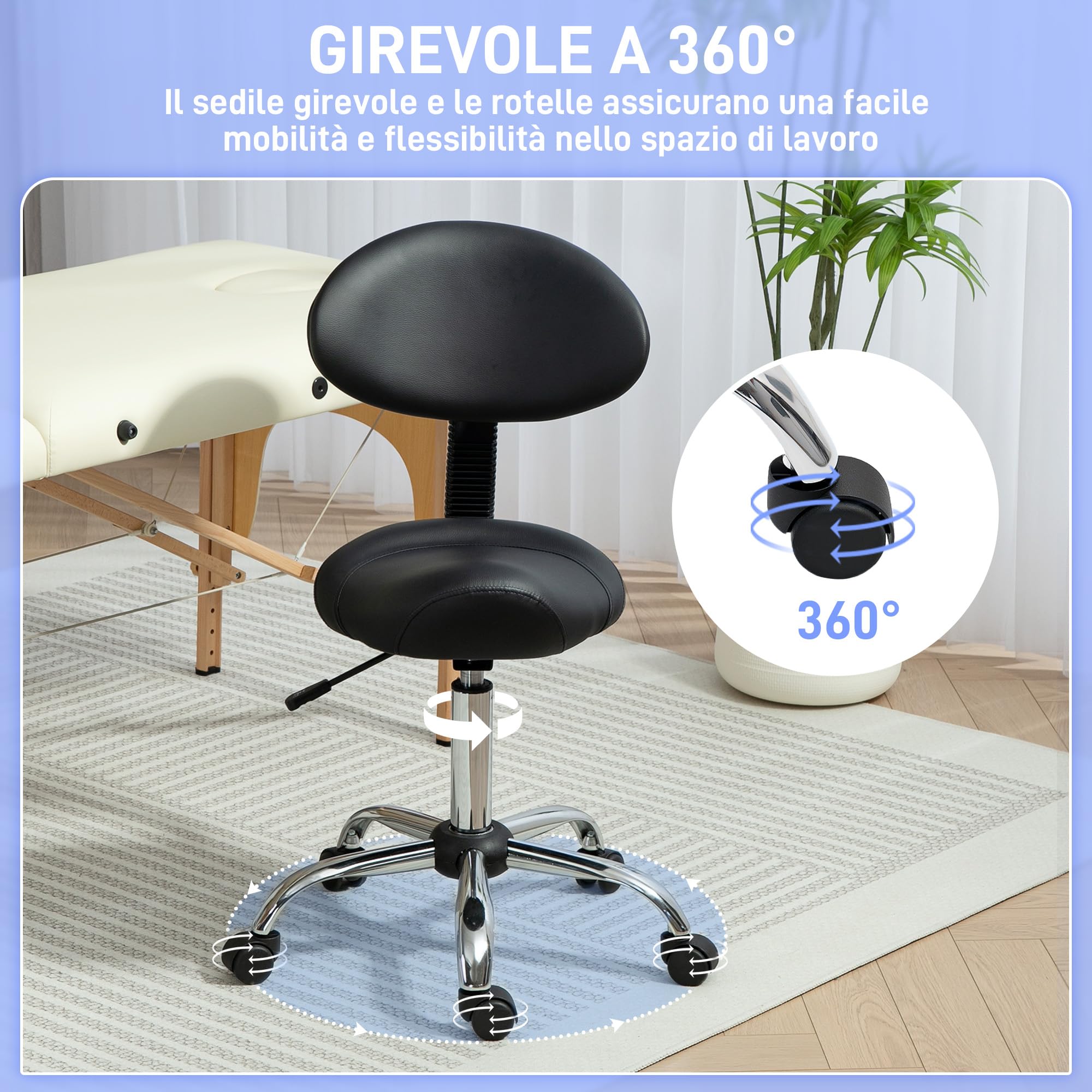 HOMCOM Taburete Giratorio con Ruedas y Respaldo Extraíble, Taburete de Trabajo con Altura Regulable 83-98 cm, Asiento Tapizado de Cuero Sintético, Negro