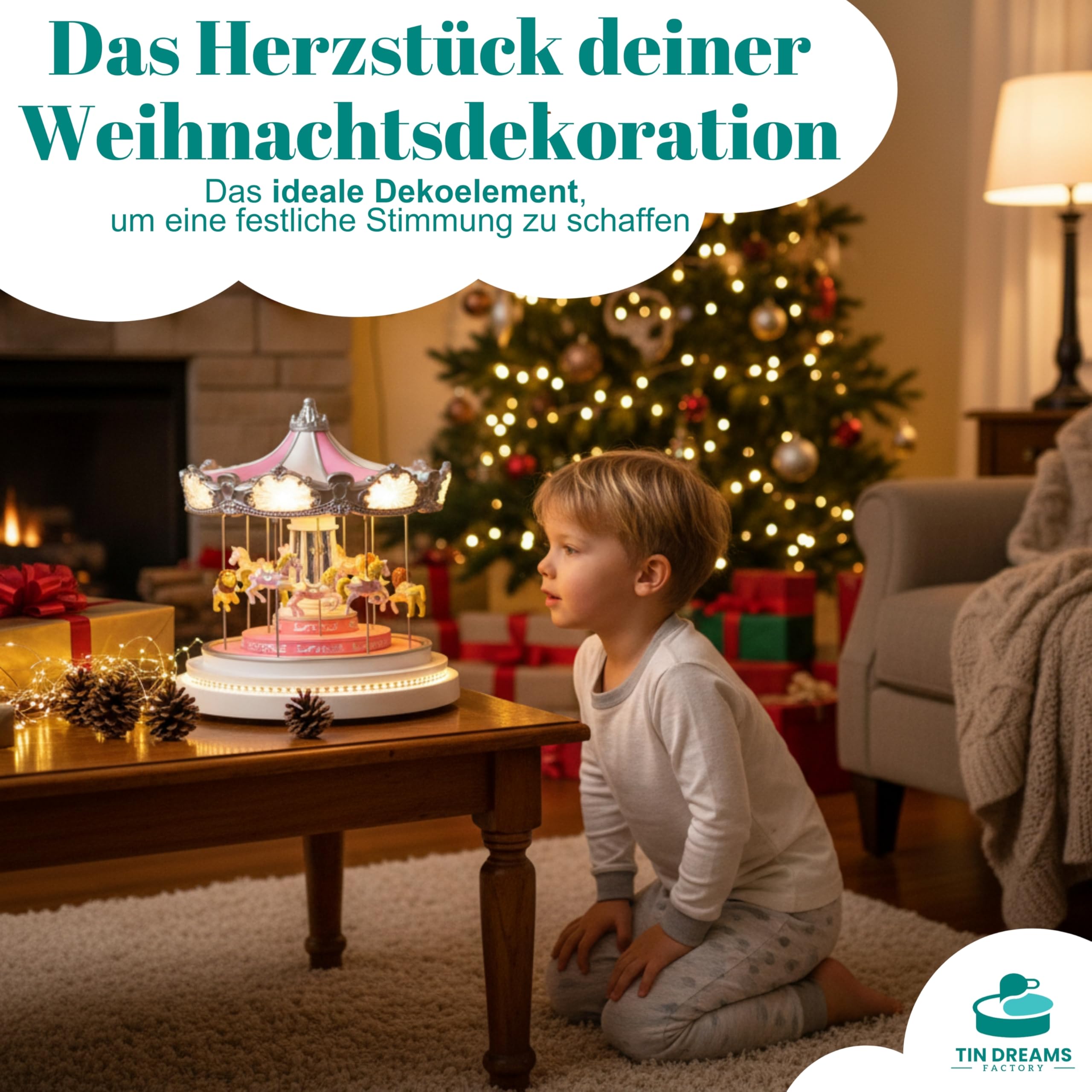 TIN Dreams | Großes Weihnachtskarussell mit Bewegung, Musik und LED-Lichtern | Musikalisches Karussell | Weihnachtsdorf, Miniaturdorf, Beleuchtete animierte Szene | Weihnachtsdeko Inner