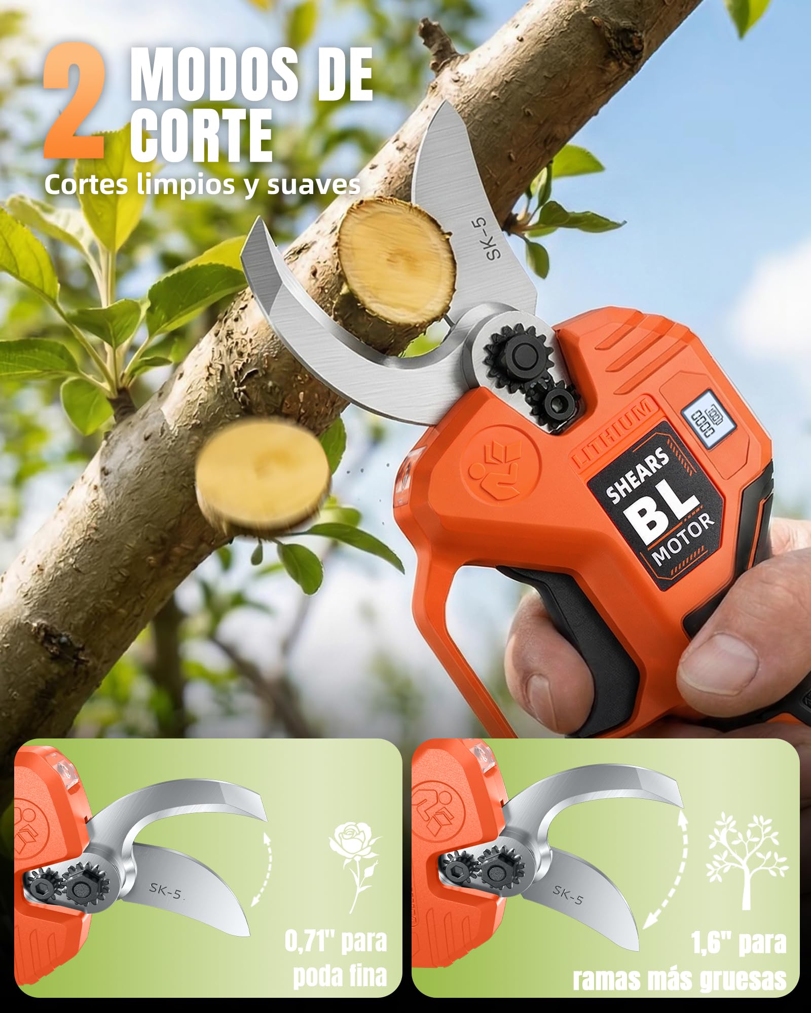 Tijeras de Podar Electricas 40mm con 2 Baterías 2,0 Ah, Motor Brushless 600W, Hoja SK5, Pantalla LED, Doble Seguridad, Mayor Autonomía para Trabajo Continuo Profesionales Eléctricas Tesoura