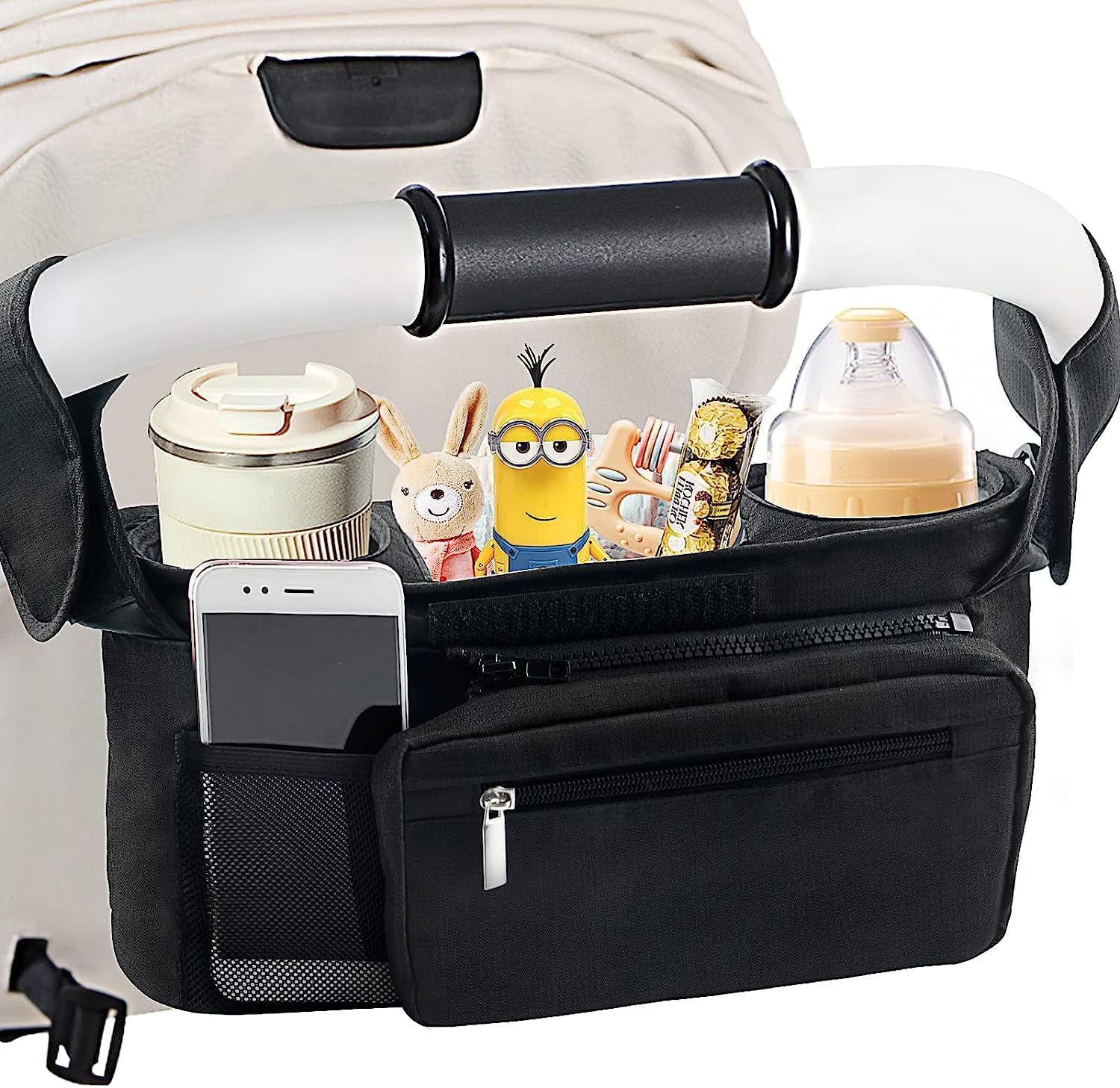 YHRY Universal Stroller Organizer Bag with Insulated Cup Holder, Detachable Zippered Bag with Adjustable Strap, Universal Stroller Snack Tray Attachment, Large Capacity, Pockets for Toys and Snacks