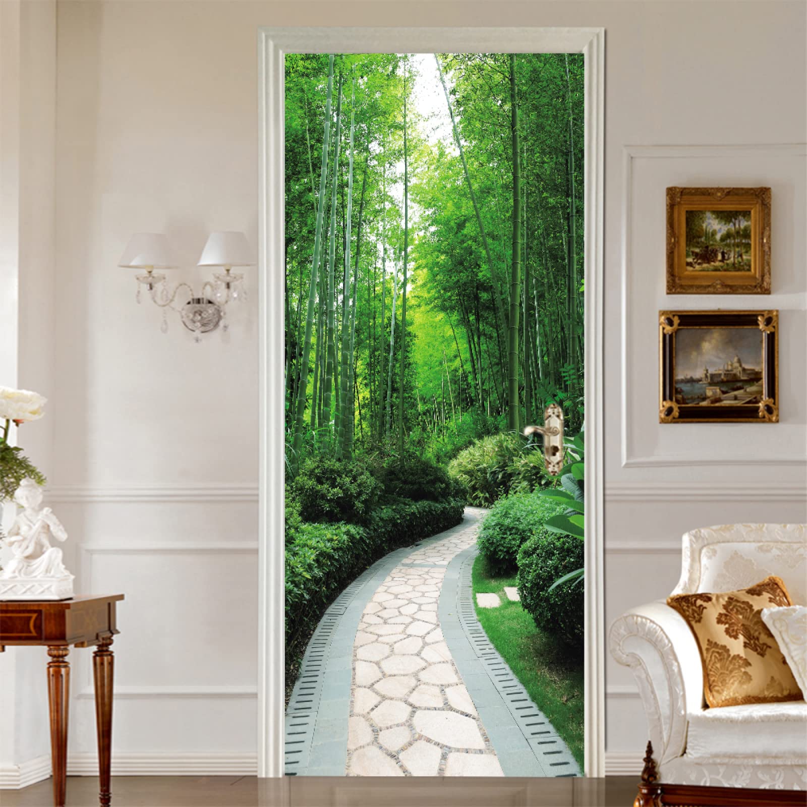 Sticker Porte Vert & forêt de bambous Papier Peint pour Porte Stickers Trompe Loeil Papier Peint 3d Trompe L'oeil Poster de Porte L100 x H200cm