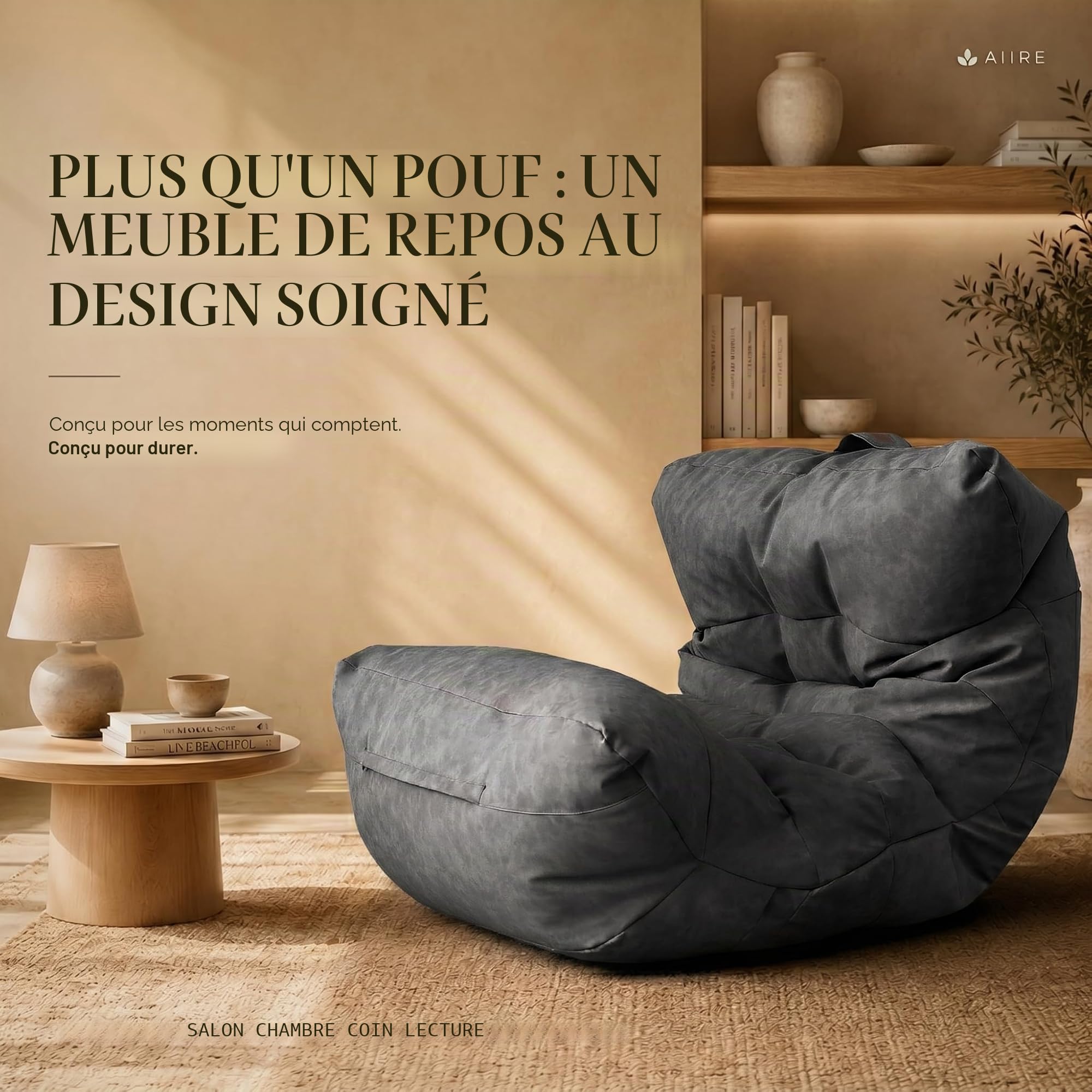 Aiire Fauteuil Pouf Salon Moderne - Pouffe Géant Interieur Adulte ou Ado avec Remplissage pour Décoration de la Chambre – Gros Bean Bag XXL ou Coussin de Sol Gris Foncé