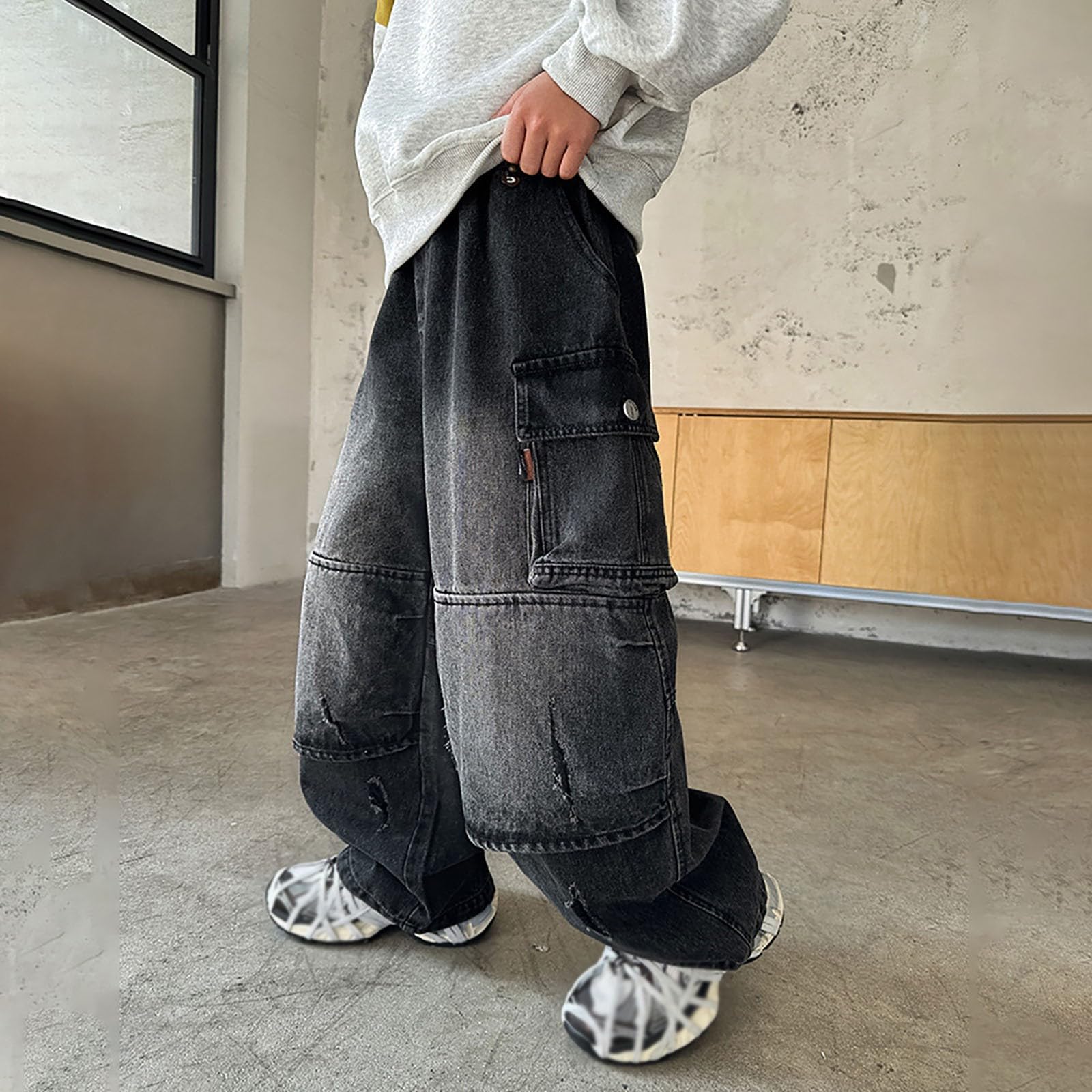 Generico Pantaloni Bambino - Jeans Cargo per Bambini Pantaloni da Lavoro Resistenti Pantaloni Lunghi Casual in Denim con Elastico in Vita Comodi Outfit per Autunno Inverno E Primavera
