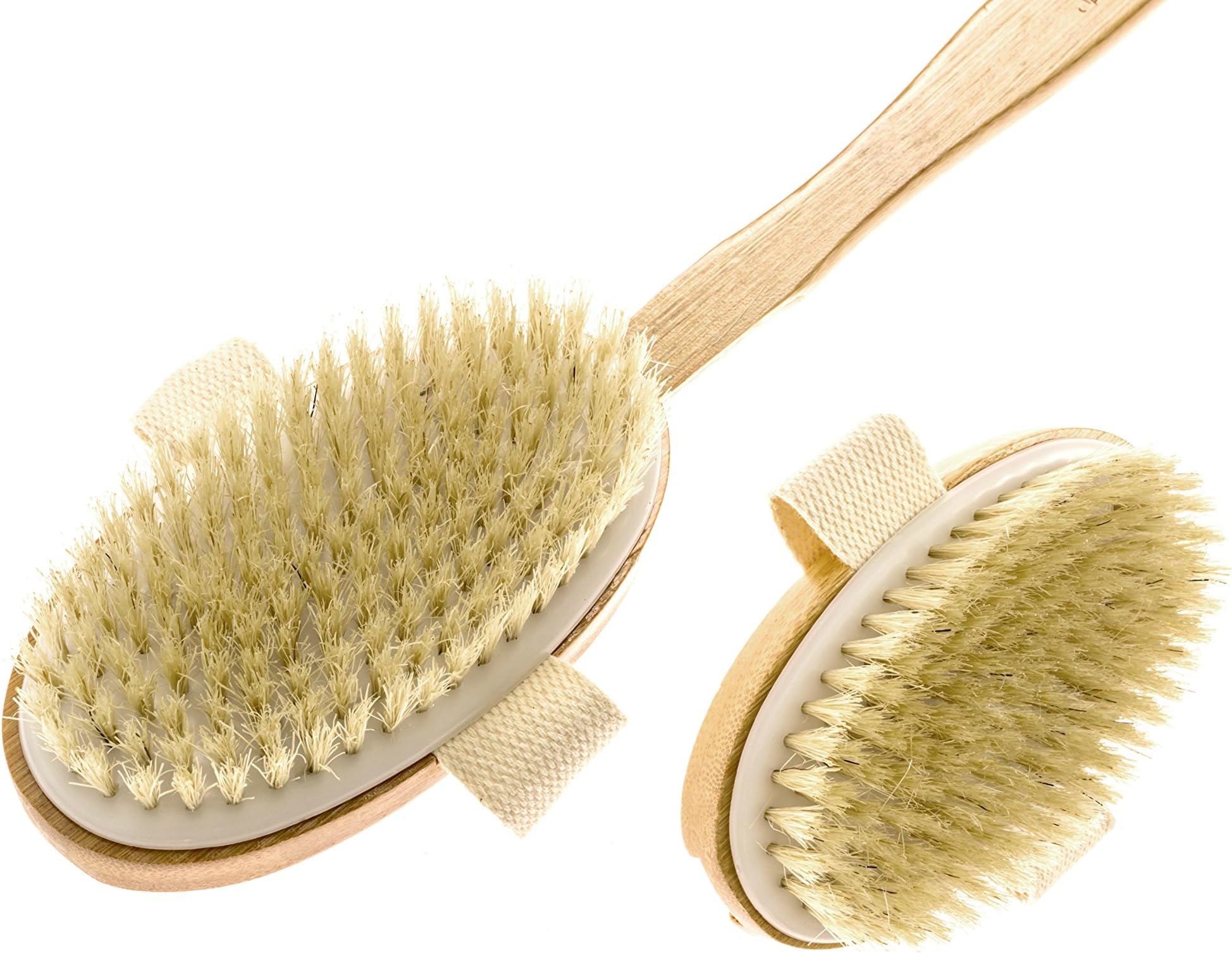 Premium Bamboo Dry Body Brush by New Body Essentials – Luxurious Exfoliating Shower Scrubber, 100% Natural Boar Bristles for Gentle Dry Skin Massage, Long & Ergonomic Handle with 2 Detachable Heads
