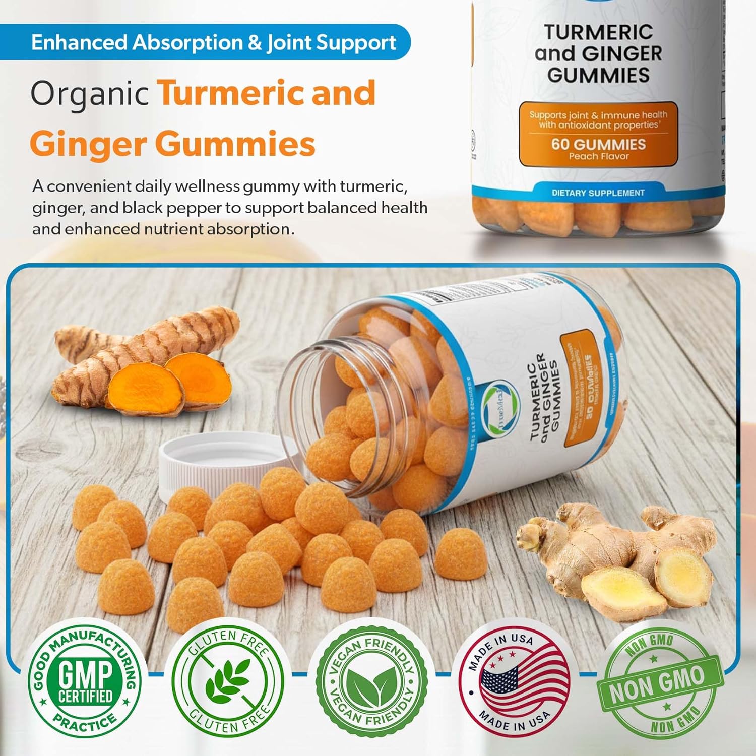 Turmeric and Ginger Gummies – 95% Curcuminoids & 5% Gingerols, Turmeric Gummies for Inflammation & Joint Health, with Black Pepper Extract, Peach Flavor, USA Made, 60 Count - Image 4