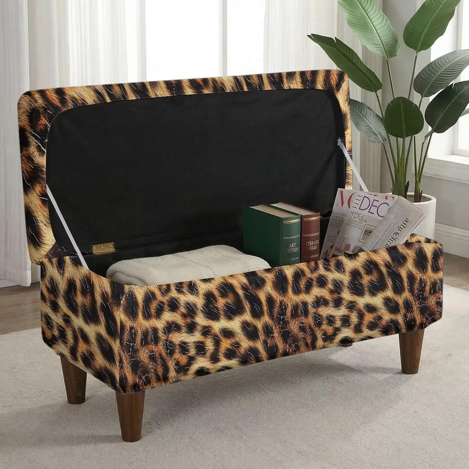 Brown Leopard Print Ottoman Cover Rectangle, Stretch Ottoman Slipcover Rectangle Removable Soft Storage Ottomans Foot Rest Cover with Elastic Bottom, L