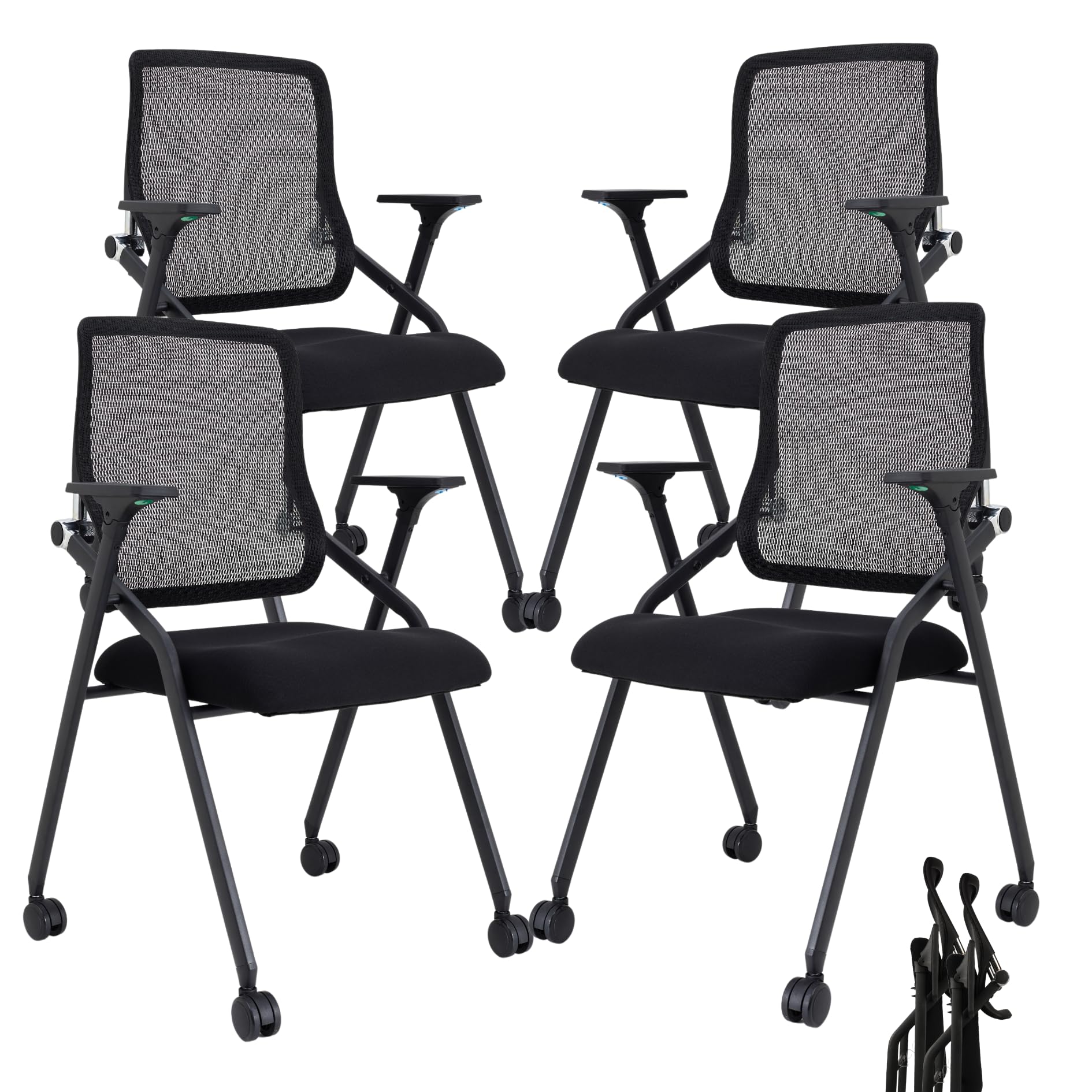 Updated Conference Room Chairs, Folding Office Desk Chair with Lumbar Support and Sliding Armrest with Casters, Office Guest Chairs &amp; Reception Chairs, 4 Pack Black