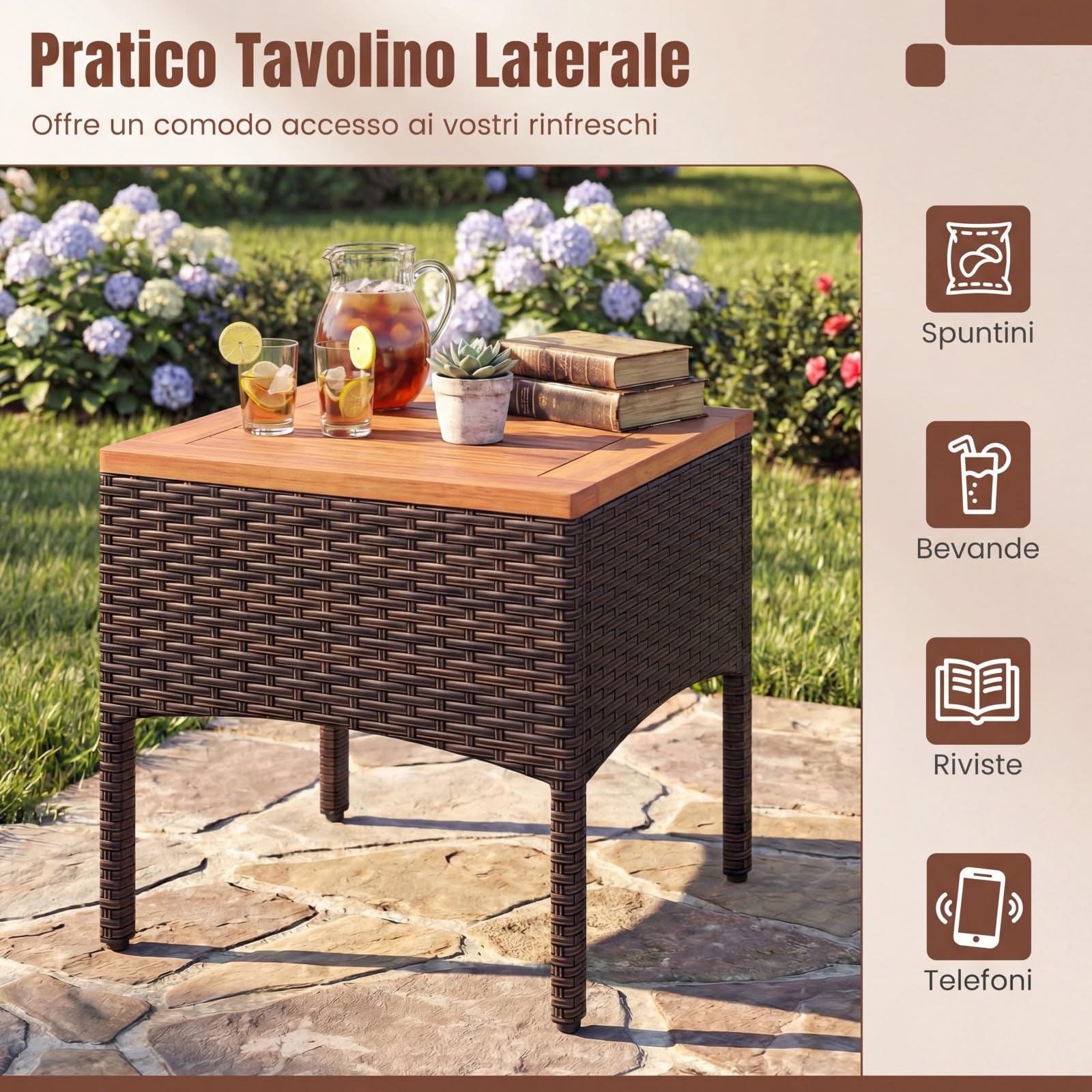 COSTWAY Set Salotto da Giardino per 2 Persone, Poltrone da Giardino in Rattan e Legno con Tavolino Laterale, Salottino da 3 Pezzi con Cuscini per Cortile, Veranda e Balcone (Bianco)