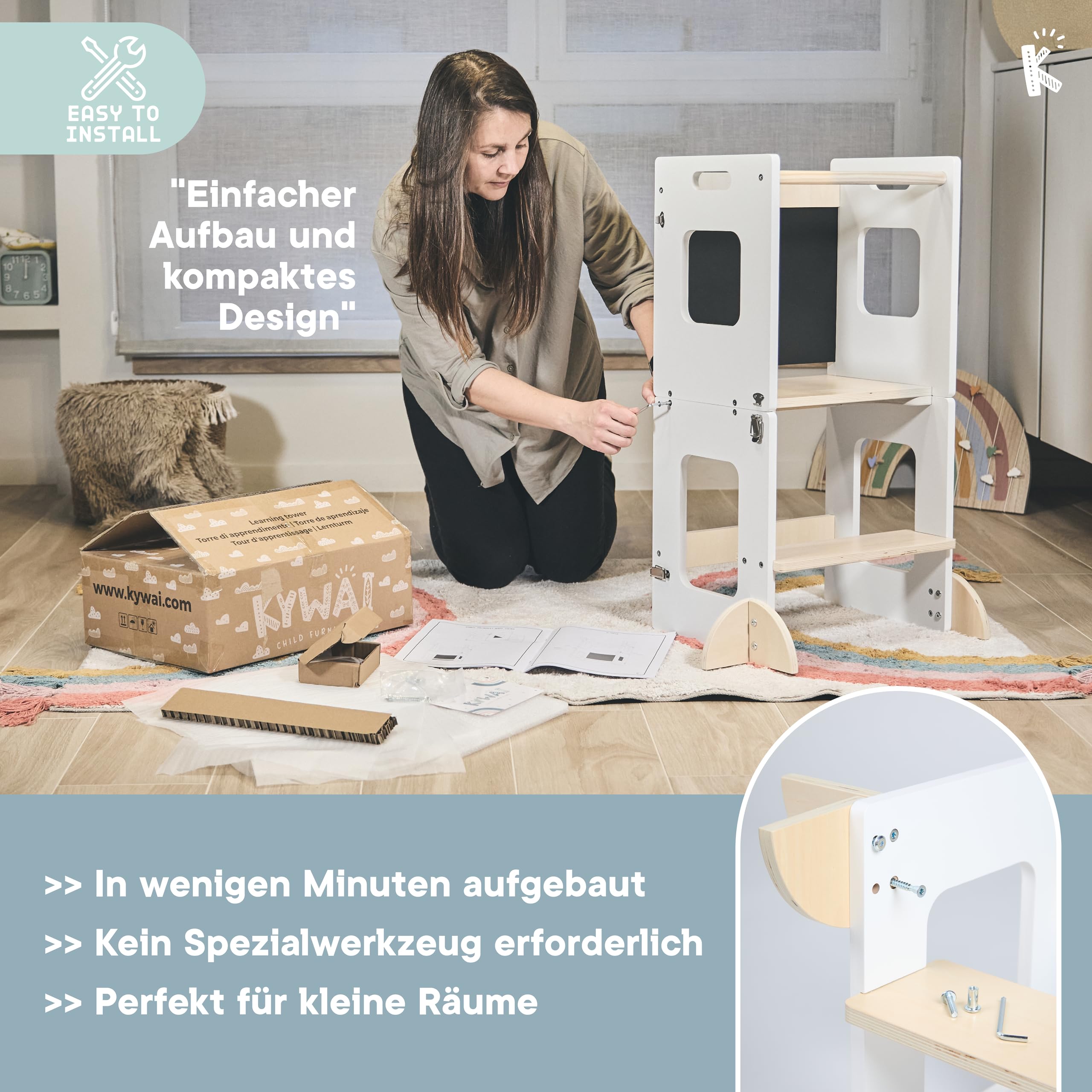 Lernturm ab 1 Jahr – Lernturm Klappbar 3 in 1 mit Tafel – Learning Tower für Kinder – Faltbar mit Sicherheitsfüßen – Aus Nachhaltigem Holz – Stabiler Montessori-Hocker für Zuhause