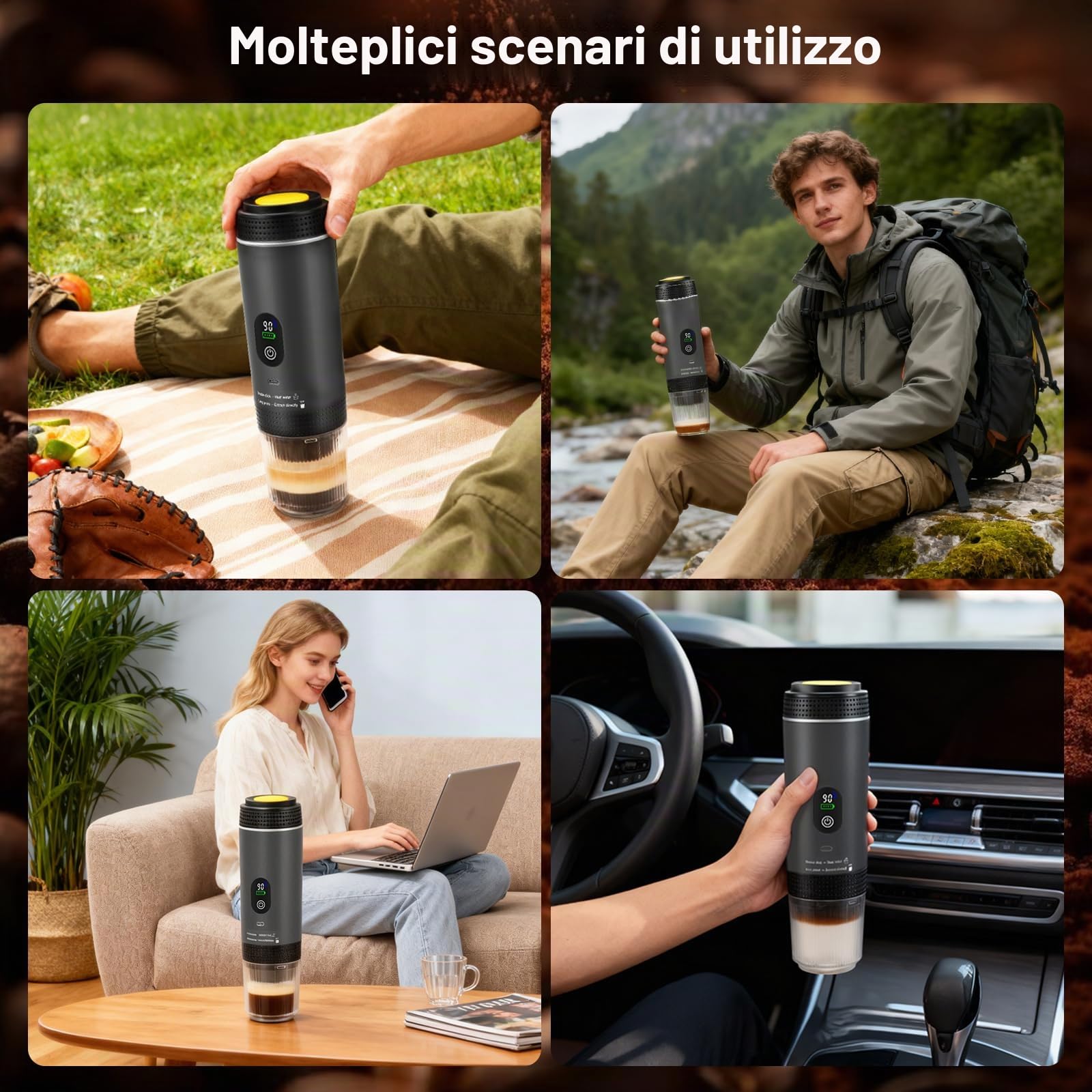 Macchina da caffè portatile 3 in 1 con batteria ricaricabile e auto-riscaldamento USB-C, compatibile con capsule e caffè macinato, mini espresso portatile per campeggio, viaggio, auto, grigio