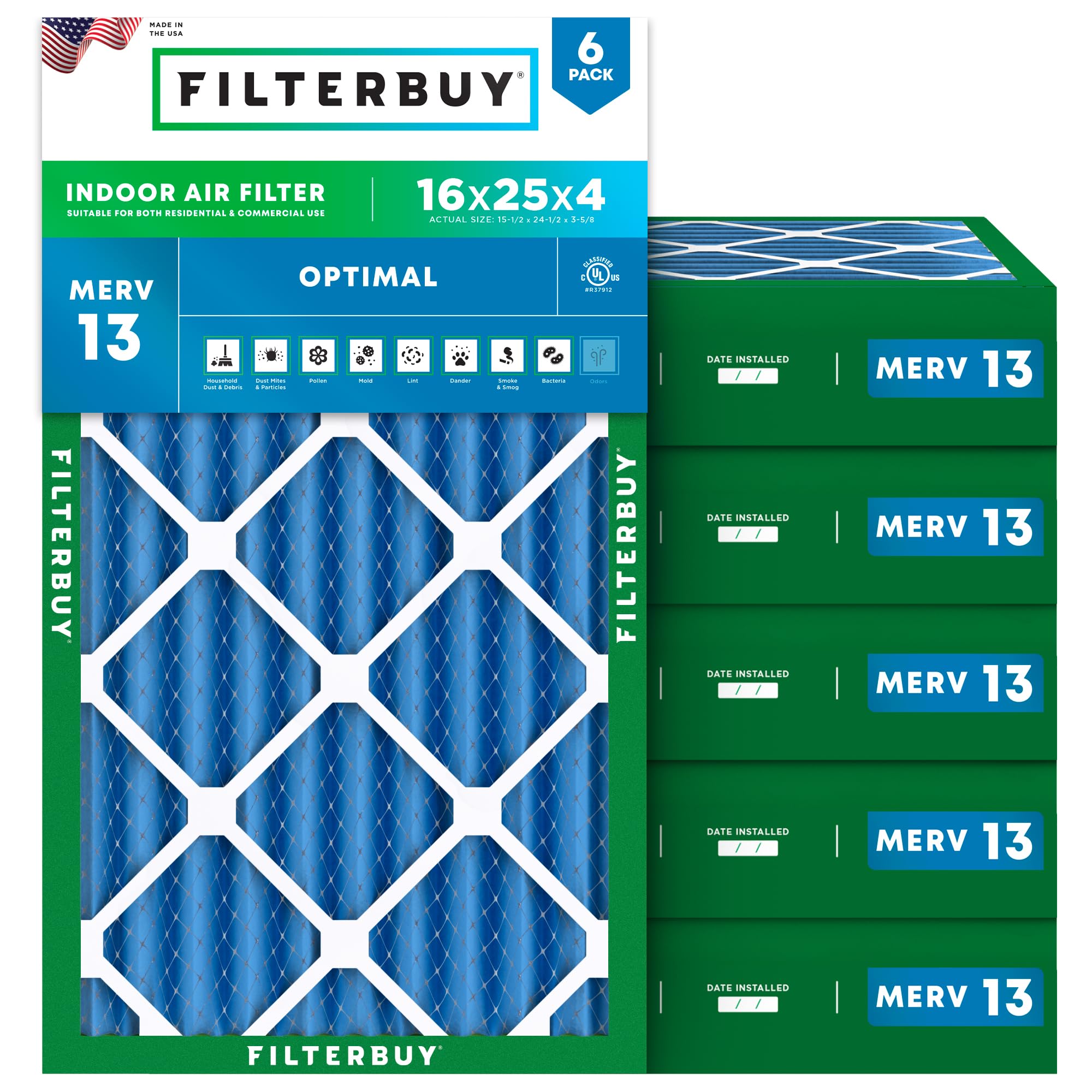 FilterBuy16x25x4 Air Filter MERV 13 Optimal Defense (6-Pack), Pleated HVAC AC Furnace Air Filters Replacement (Actual Size: 15.50 x 24.50 x 3.63 Inches)