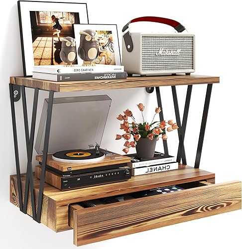 Miniatura 1 de LUPWNEKA Mesita de noche flotante con cajón, mesa auxiliar flotante de madera natural con forma de W, estante geométrico de granja de 3 niveles