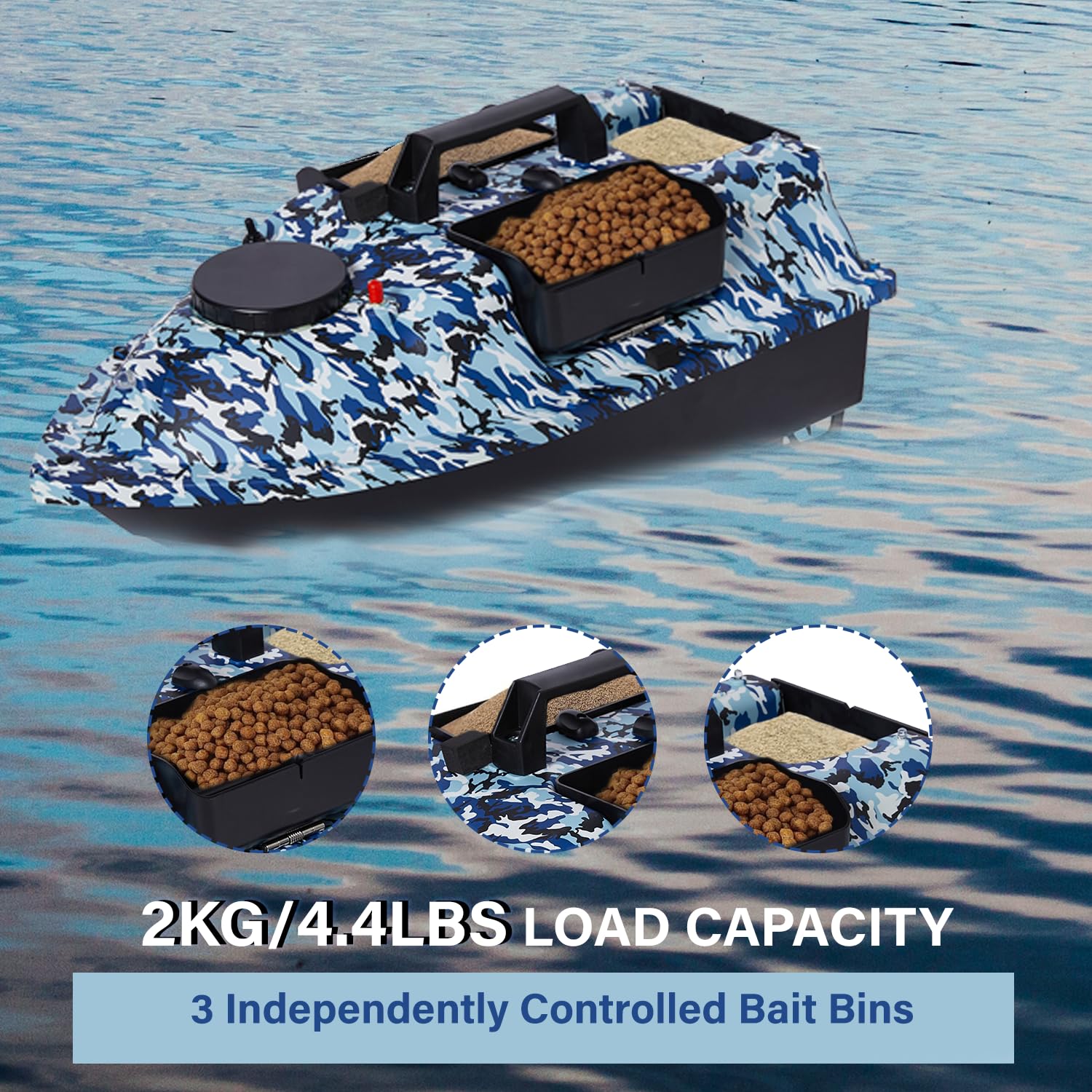 RC Bait Boat, RC Boat for Fishing with GPS, 546-Yard Remote Control Range, 4.4lbs Load Capacity with 3 Bait Hoppers, Dual Motors, 2 x 5200mAh Batteries, Automatic Return Function
