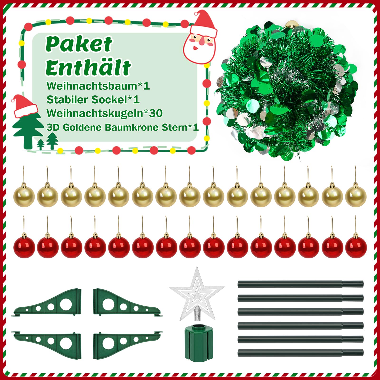 Sapin de Noël Artificiel Pliable de 180 cm | avec boules d'étoiles et support,pour décoration de Noël, vert + argent, décoration de maison, bureau