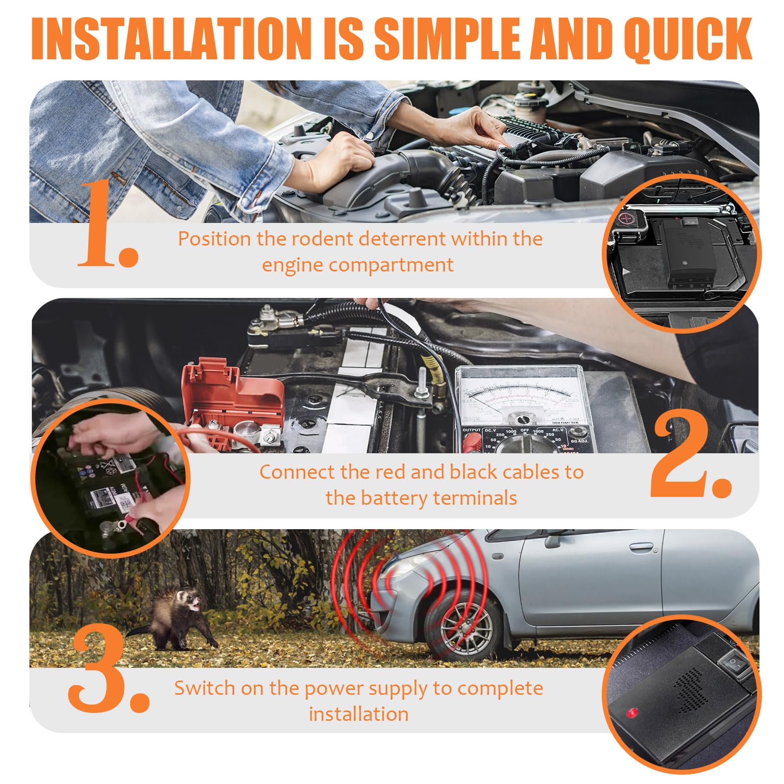 Repellente Topi per Auto, Ultrasuoni per Topi con Collegamento a Batteria 12V, Ultrasuoni per Topi,Adatto per Vano Motore, Auto, Casa, Difesa del Giardino