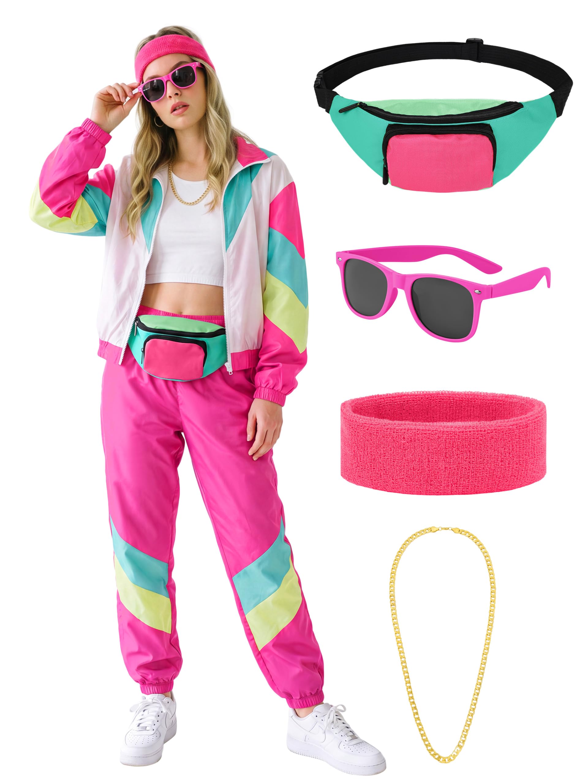 SOMSOC 7 Pieces 80s Tracksuit for Women 90s Windbreaker Sweatpants Outfit Color Block Jacket with Fanny Pack Accessories