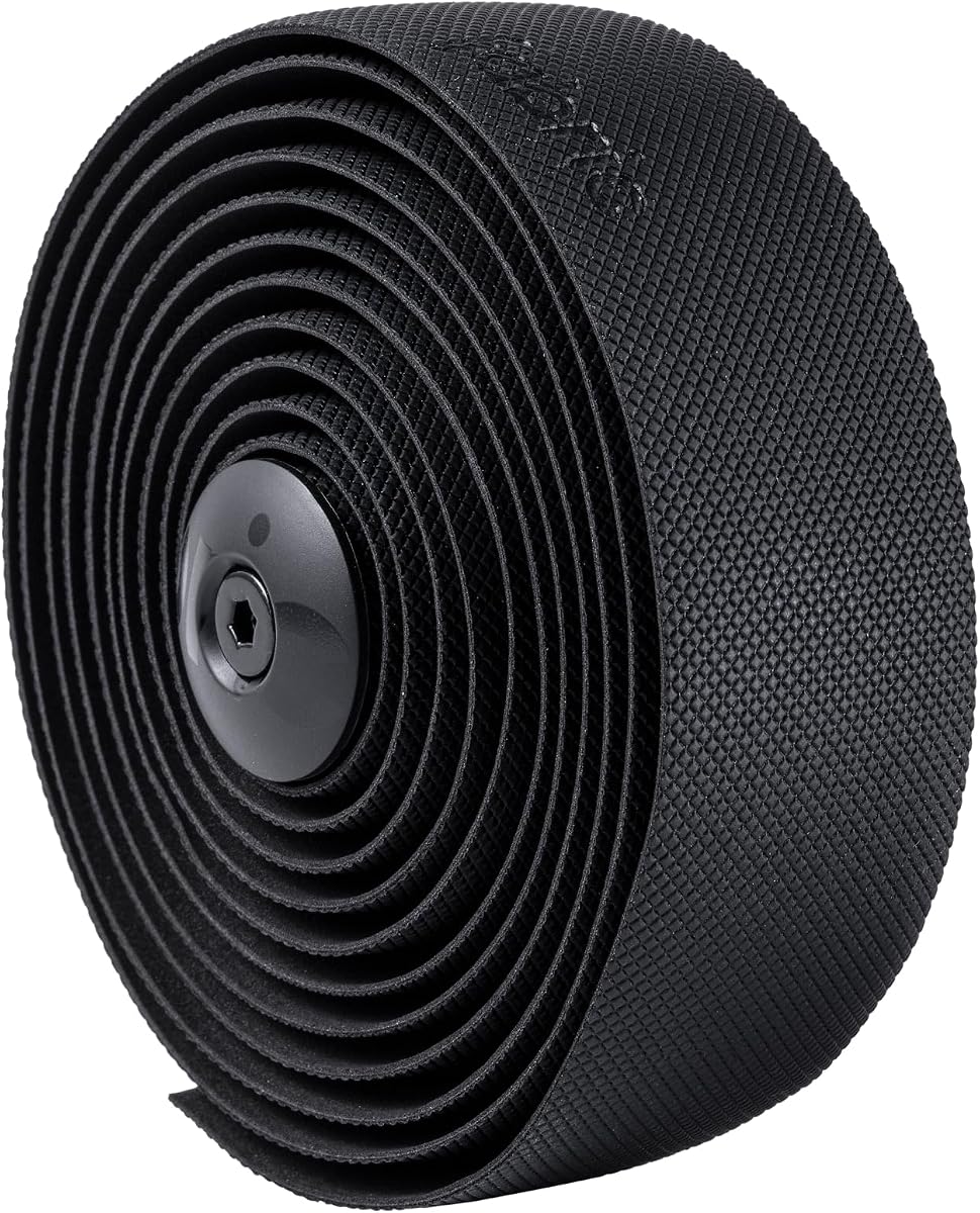 Cinta para manillar de tela moleteada - Cinta para manillar de bicicleta de carretera con tapones para manillar y tiras de acabado - 200 x 3 cm - 2,5 mm de grosor - Negra
