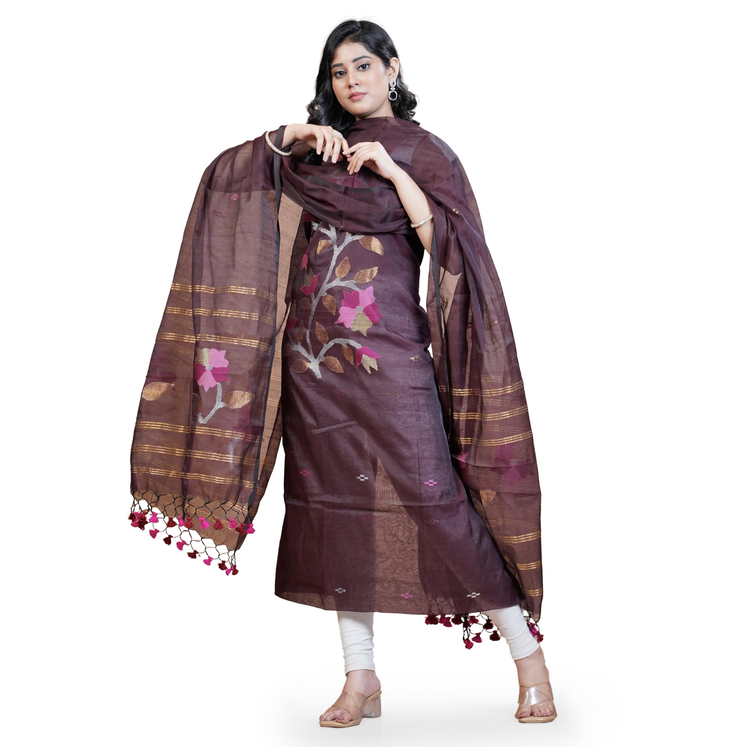 Handwoven Jamdani Unstitched Suit, Chocolate Brown/Deep Coffee Brown, Maslin, Floral Embroidery, with Jal Net Dupatta, 2.5 Metres Top and Dupatta-picture-48