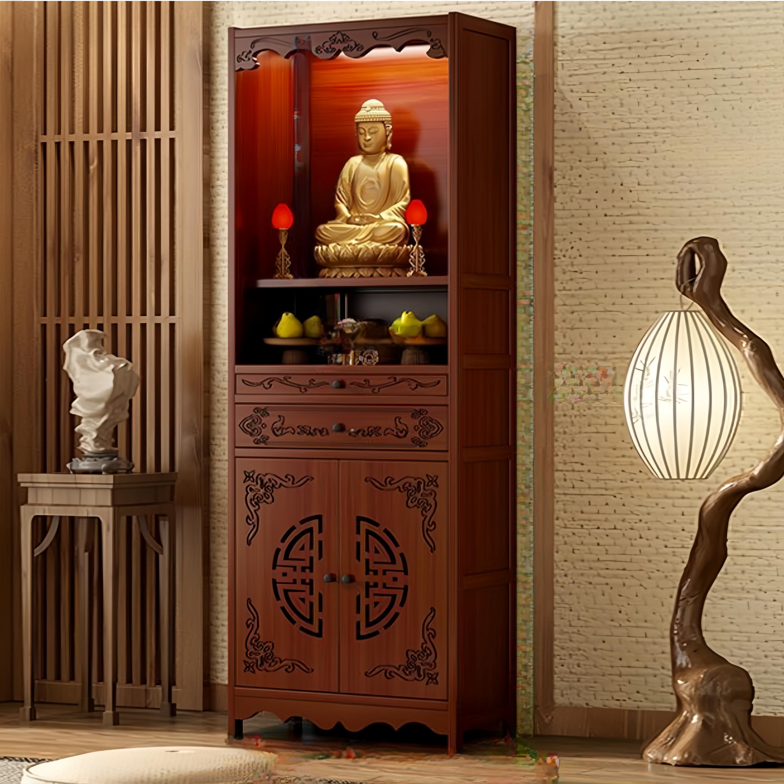 NHPJFDC Meditation Altar Table with Storage Drawer,Chinese Buddhist Shrine Cabinet,Personal Prayer Altar Table,Bamboo Pedestal for Temples and Homes 53cm/20.8in
