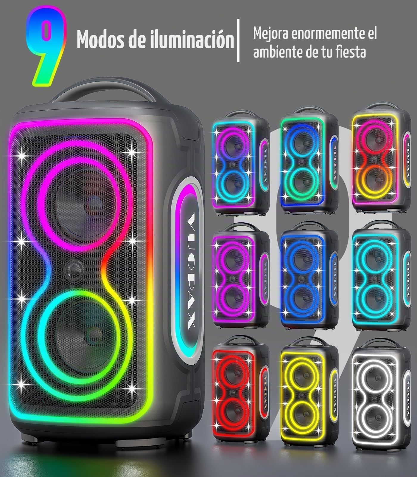 Altavoz Bluetooth Portátil,200 W Máx, Graves Potentes, IP65 | 24 h de autonomía, luces RGB, Bluetooth 5.4,TWS yUSB/TF/AUX/Mic para fiestas, camping y exteriores