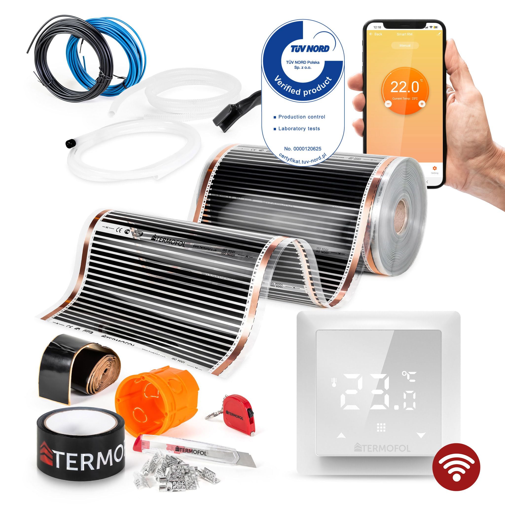 Termofol Elektryczne ogrzewanie podłogowe folia grzewcza 230 V – z termostatem H6 WiFi – moc 220 W/m2 – powierzchnia 3 m² – ogrzewanie podłogowe, kompletny zestaw do ogrzewania podłogowego, ściennego