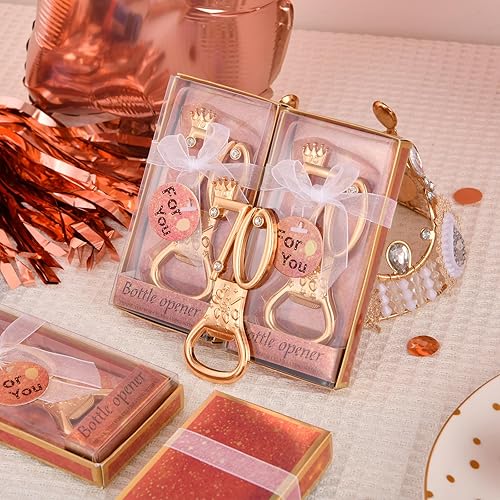 Miniatura 7 de 24 cajas de abrebotellas de cumpleaños número 70 con temática de oro rosa, favorecidas para regalos de fiesta de boda dorada 70, recuerdos de fiesta