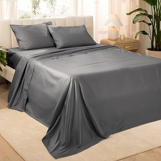 Bare Home 100% Organic Cotton Twin Extra Long Sheet Set - 400 Thread Count - Smooth Sateen Weave - Breathable & Cooling - Hotel Luxury Set - Deep Pocket Bed Sheets (Twin XL, Grey)