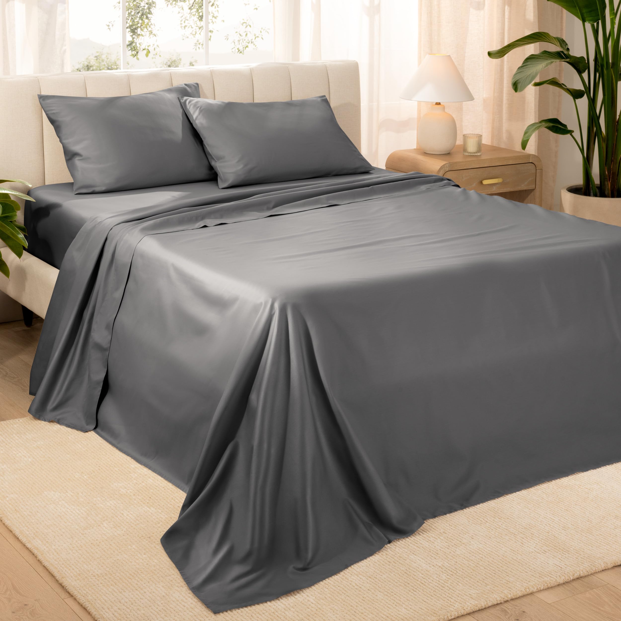 Bare Home 100% Organic Cotton King Sheet Set - 400 Thread Count - Smooth Sateen Weave - Breathable & Cooling - Hotel Luxury Set - Deep Pocket Bed Sheets (King, Grey)