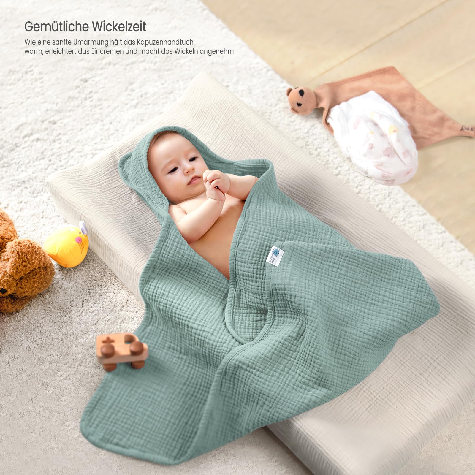 lulumoon Serviette de Bain Bebe: 76x76cm Mousseline de Coton Cape de Bain Bebe-Douce et Absorbante, Garde Bébé au Chaud Après Le Bain-Convient pour 0-18 Mois(Vert)