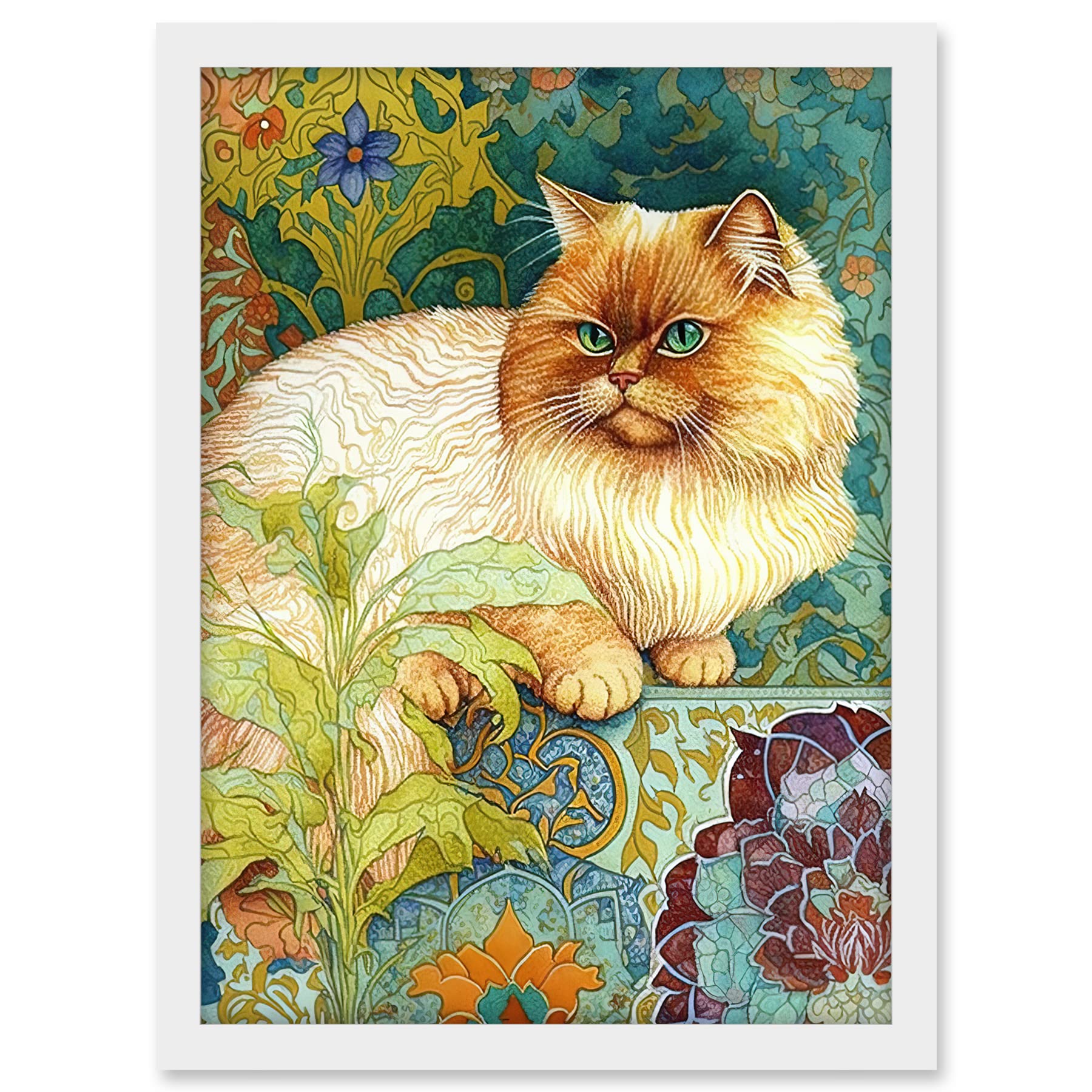 Artery8 Orange Persian Cat William Morris Inspired Floral Pattern Colourful Modern Illustration Artwork Framed A3 Wall Art Print