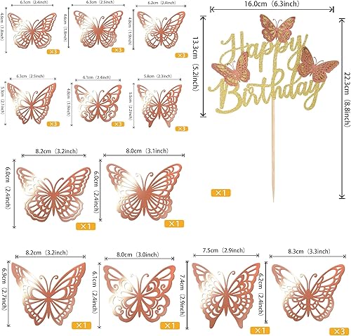 Miniatura 2 de Rsstarxi Paquete de 25 adornos de mariposa para tartas Decoración 3D para cupcakes con purpurina Suministros de fiesta para niños Oro rosa