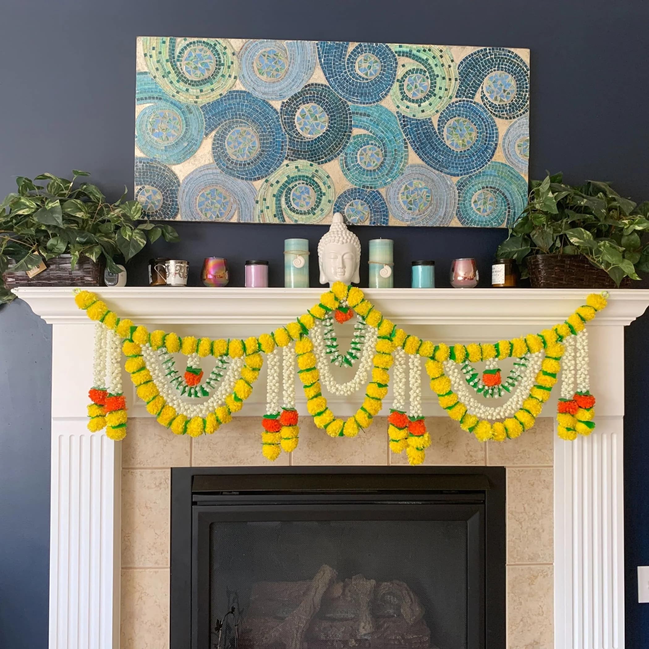 LoveNspire 5 Feet Marigold Jasmine Door Toran Hanging Valance Marygold Garland Mantle Window Decor Puja Diwali Decoration Day of The Dead