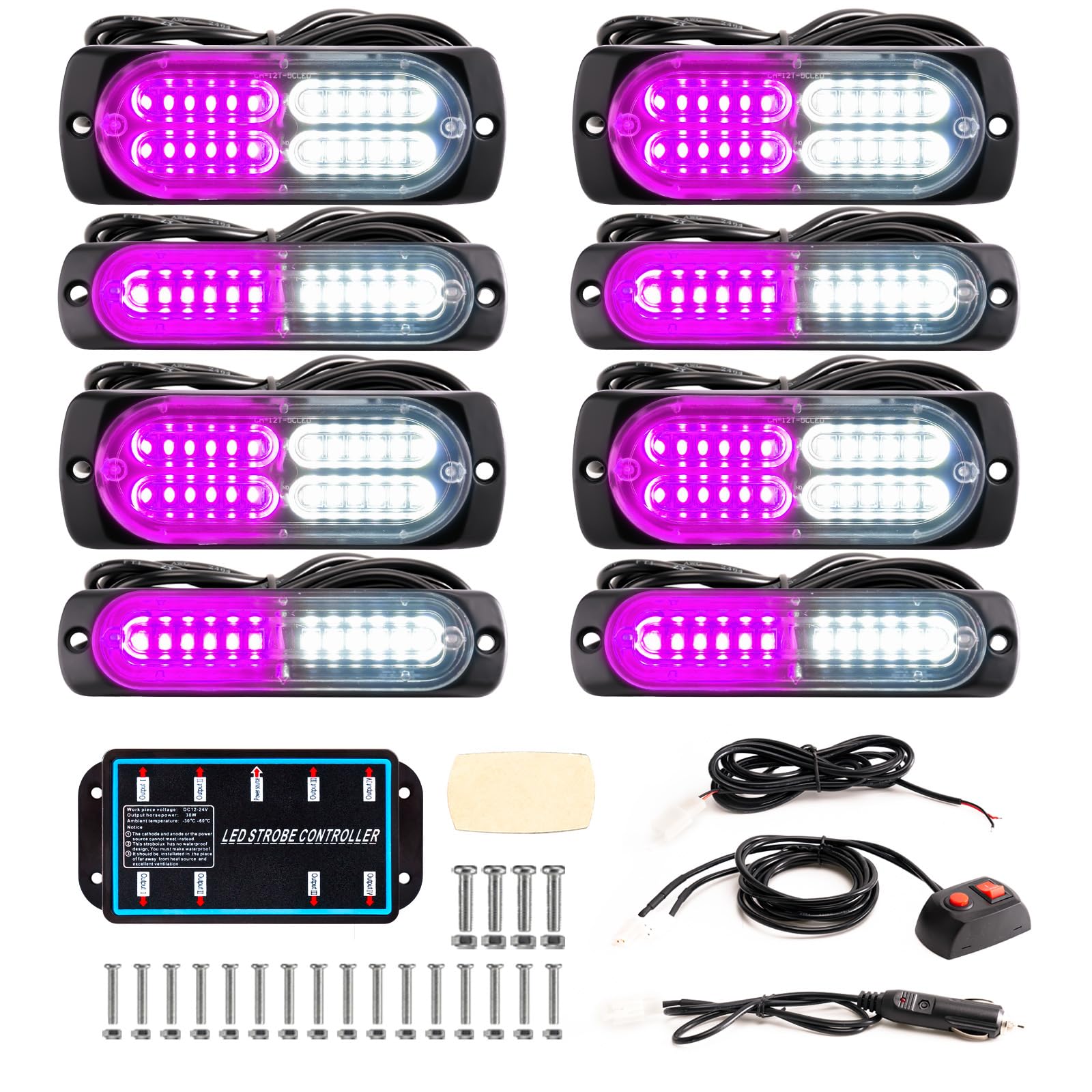 BooYu 8-pcs Sync Feature LED Emergency Strobe Lights Ultra Slim Grille Surface Mount Flashing Warning Hazard Light Bar w/Controller for Construction, Firefighter, Trucks, Vehicles, Car (Purple/White)