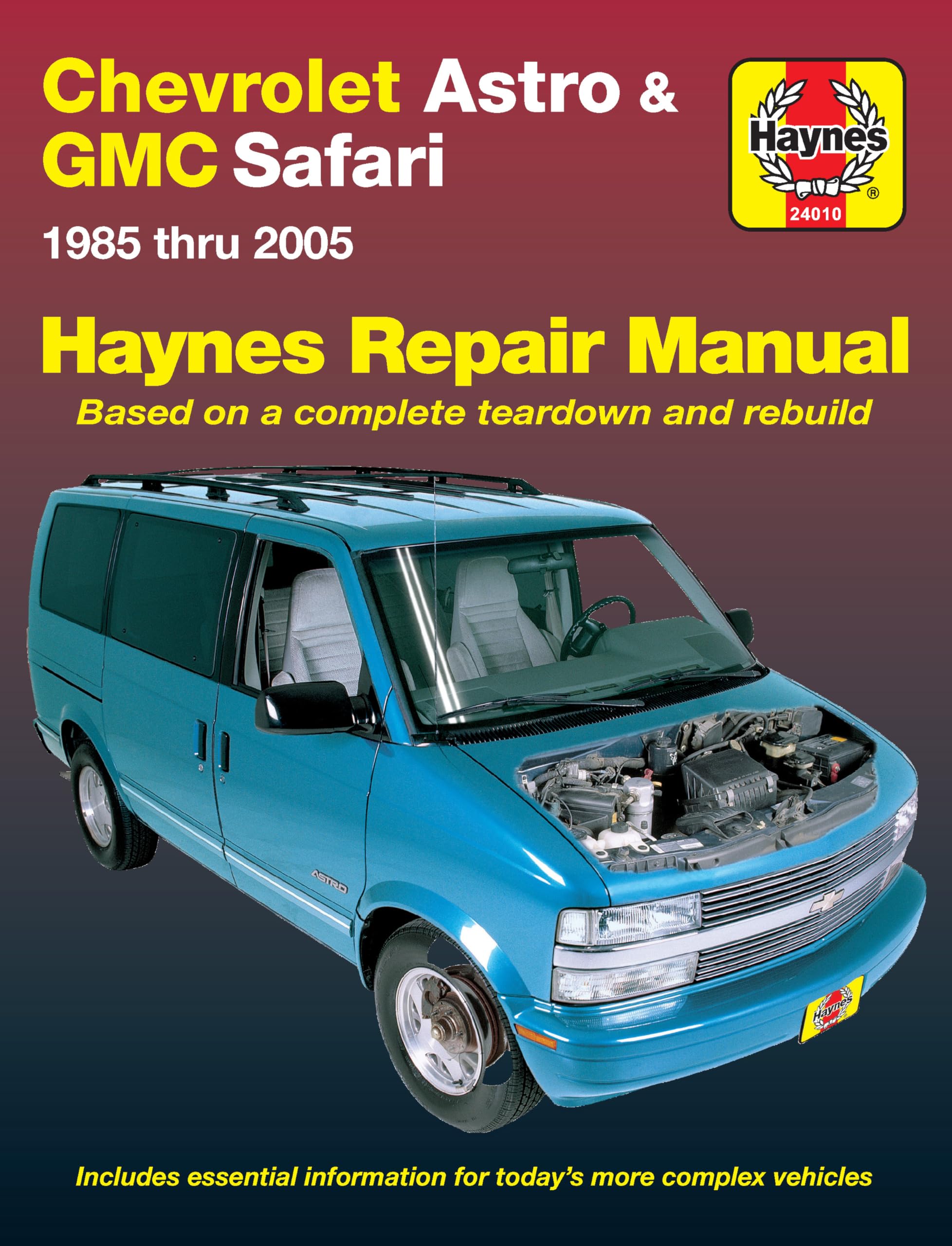 Front cover of the Haynes Repair Manual for Chevrolet Astro and GMC Safari 1985-2005, showing a vehicle with its hood open and mechanics working on it.