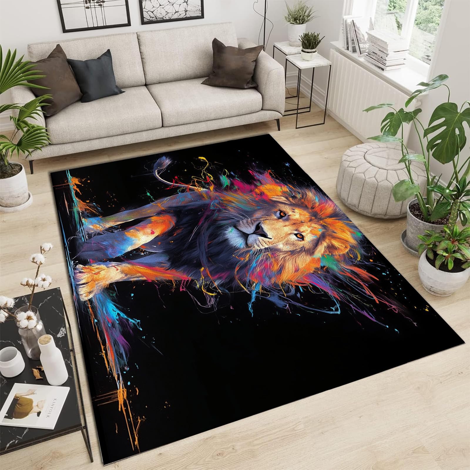 Tapis antidérapant motif lion pour sécuriser un sol de salon